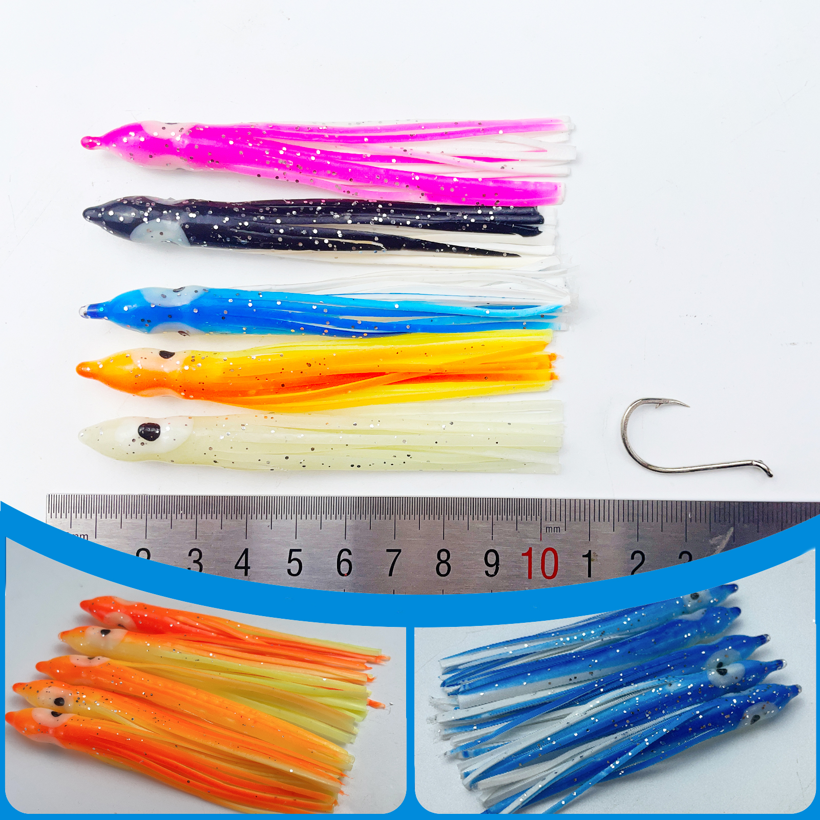 FREE FISHER 25pcs 9cm 4g Fishing Soft Octopus Lures with 3/0# 8299 Silver Hooks Luminous PVC Skrits Squids Artificial Baits Pesca