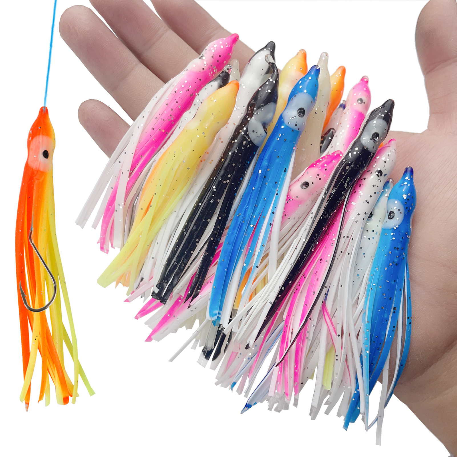 FREE FISHER 25pcs 9cm 4g Fishing Soft Octopus Lures with 3/0# 8299 Silver Hooks Luminous PVC Skrits Squids Artificial Baits Pesca
