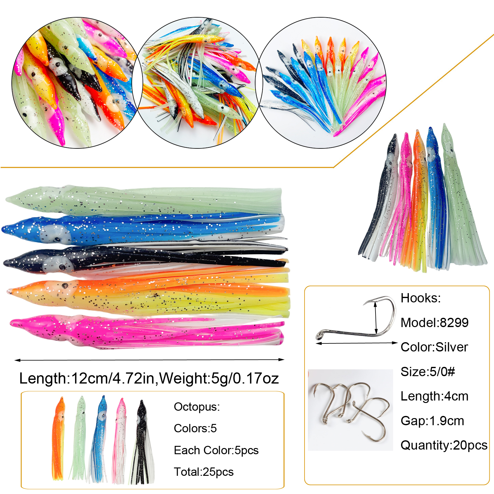 FFREE FISHER 25pcs Fishing Octopus Lures Soft PVC Skrits Squids Artificial Bait 12cm with 5/0# 8299 Octopus Hooks for Sea Fishing