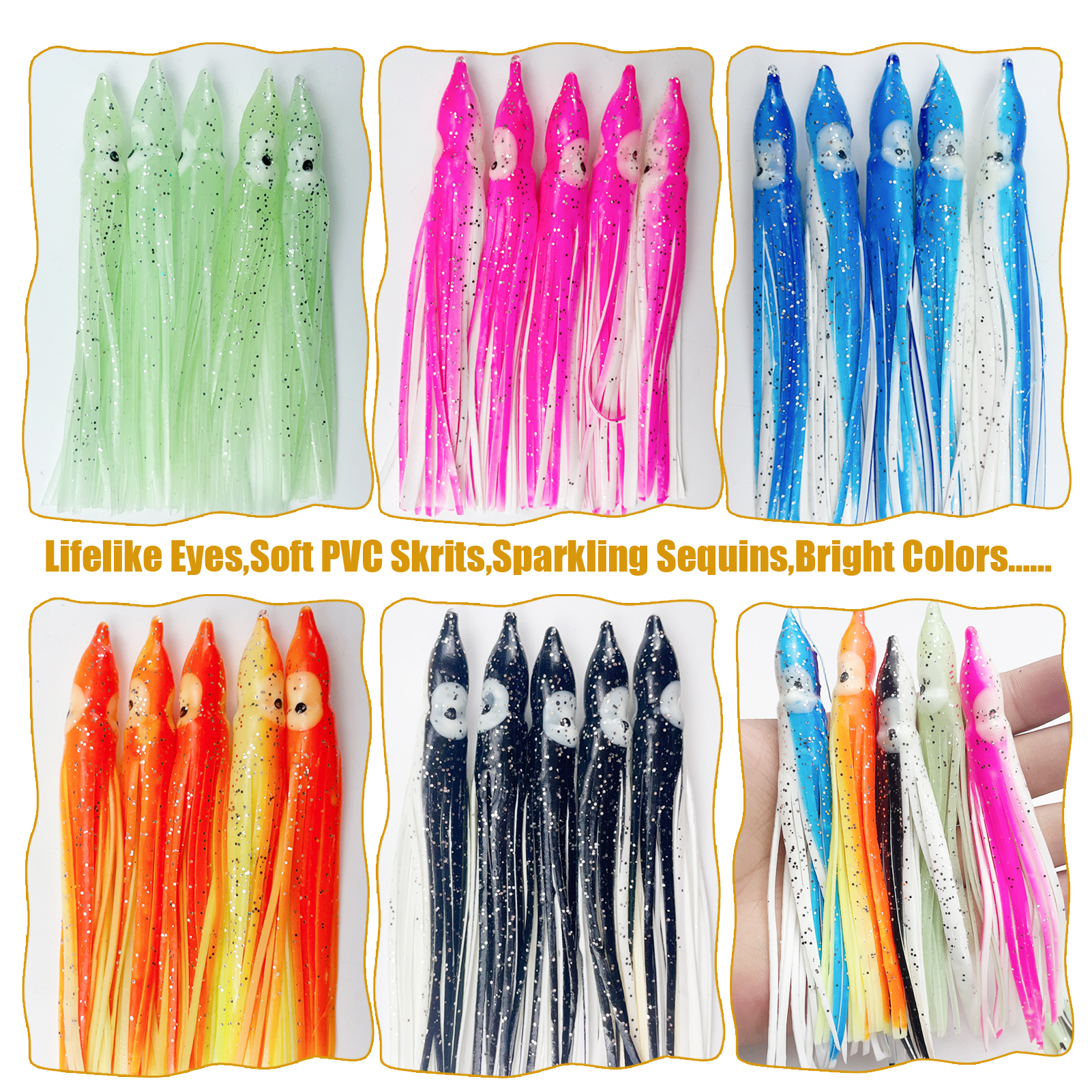 FFREE FISHER 25pcs Fishing Octopus Lures Soft PVC Skrits Squids Artificial Bait 12cm with 5/0# 8299 Octopus Hooks for Sea Fishing