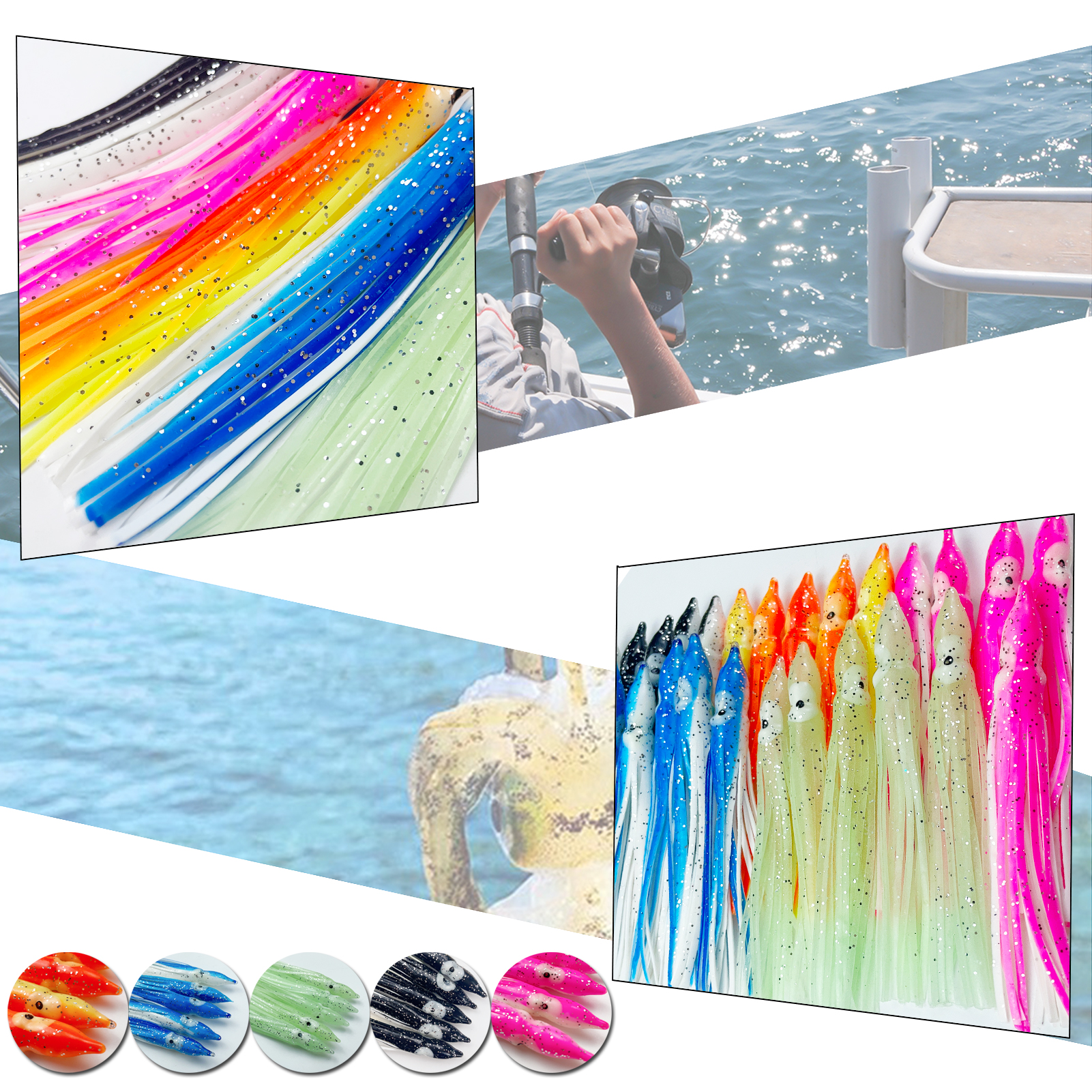 FFREE FISHER 25pcs Fishing Octopus Lures Soft PVC Skrits Squids Artificial Bait 12cm with 5/0# 8299 Octopus Hooks for Sea Fishing