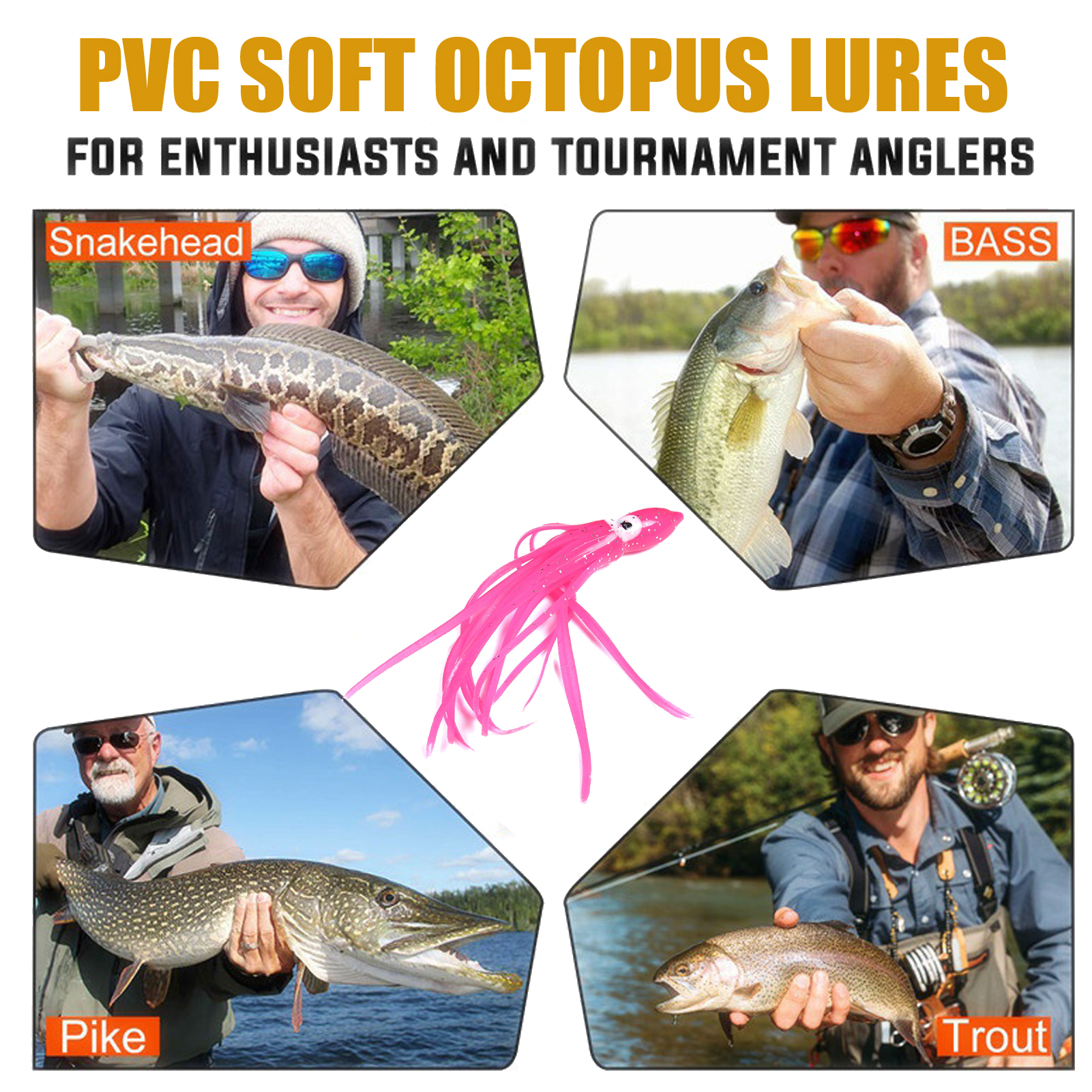 FFREE FISHER 25pcs Fishing Octopus Lures Soft PVC Skrits Squids Artificial Bait 12cm with 5/0# 8299 Octopus Hooks for Sea Fishing