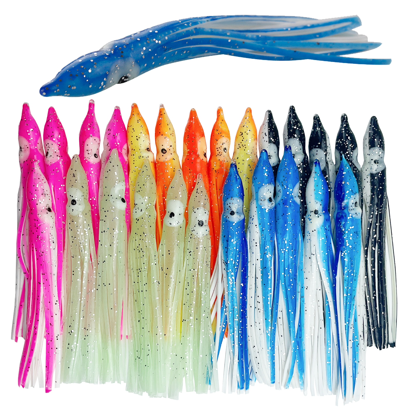 FFREE FISHER 25pcs Fishing Octopus Lures Soft PVC Skrits Squids Artificial Bait 12cm with 5/0# 8299 Octopus Hooks for Sea Fishing