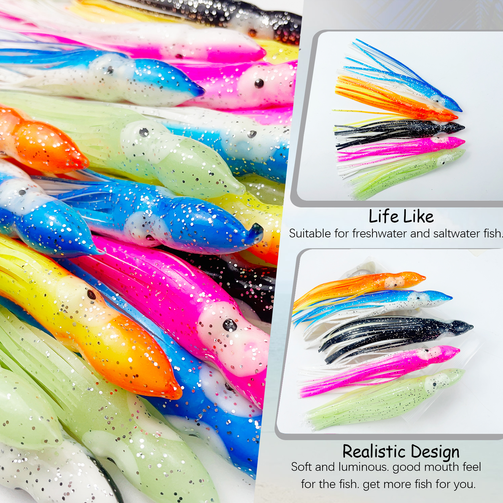 FREE FISHER 25pcs Fishing Octopus Lures with 8/0# Silver Hooks Soft Skirts Squid 15cm 12g Sea Fishing Luminous Artifical Baits