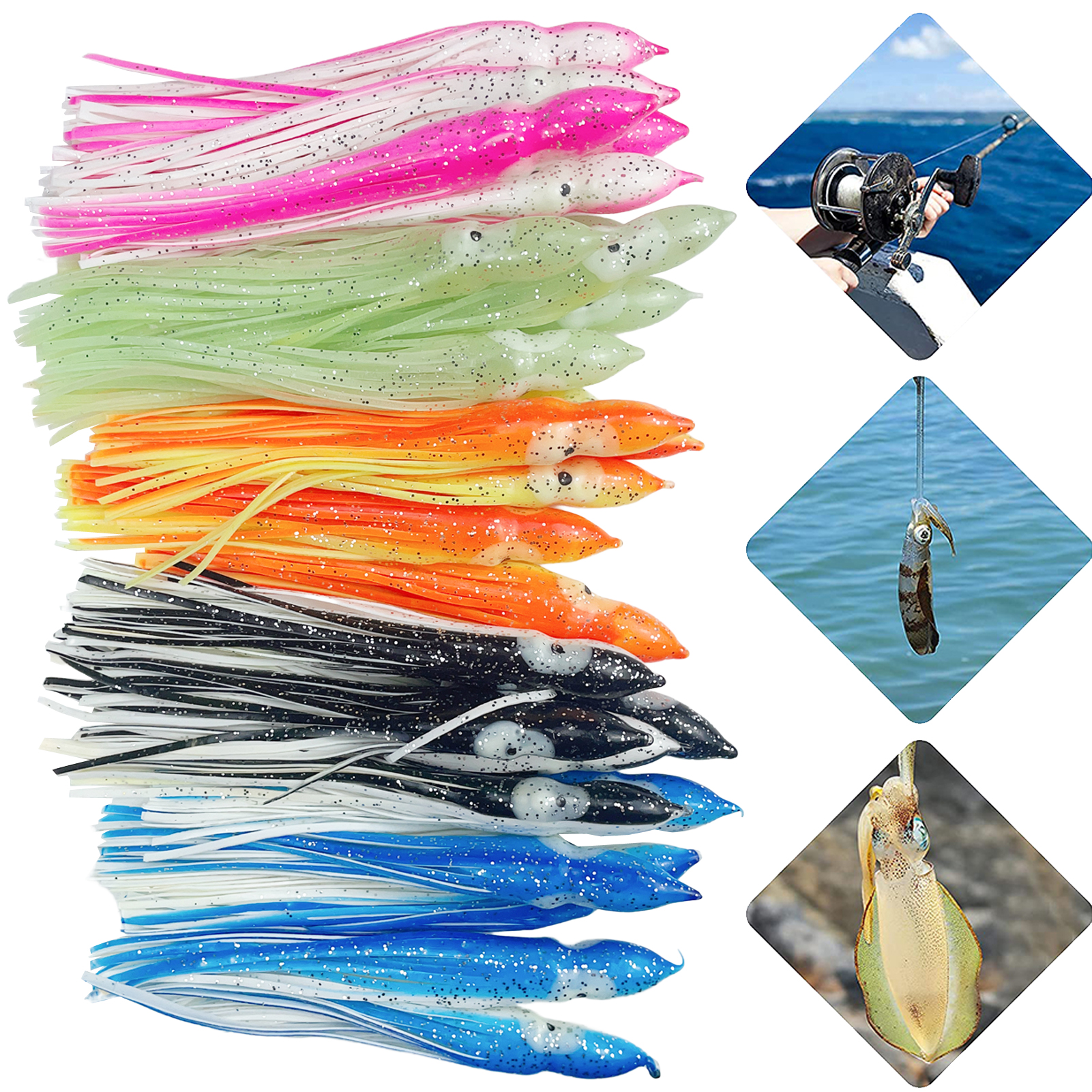 FREE FISHER 25pcs Fishing Octopus Lures with 8/0# Silver Hooks Soft Skirts Squid 15cm 12g Sea Fishing Luminous Artifical Baits