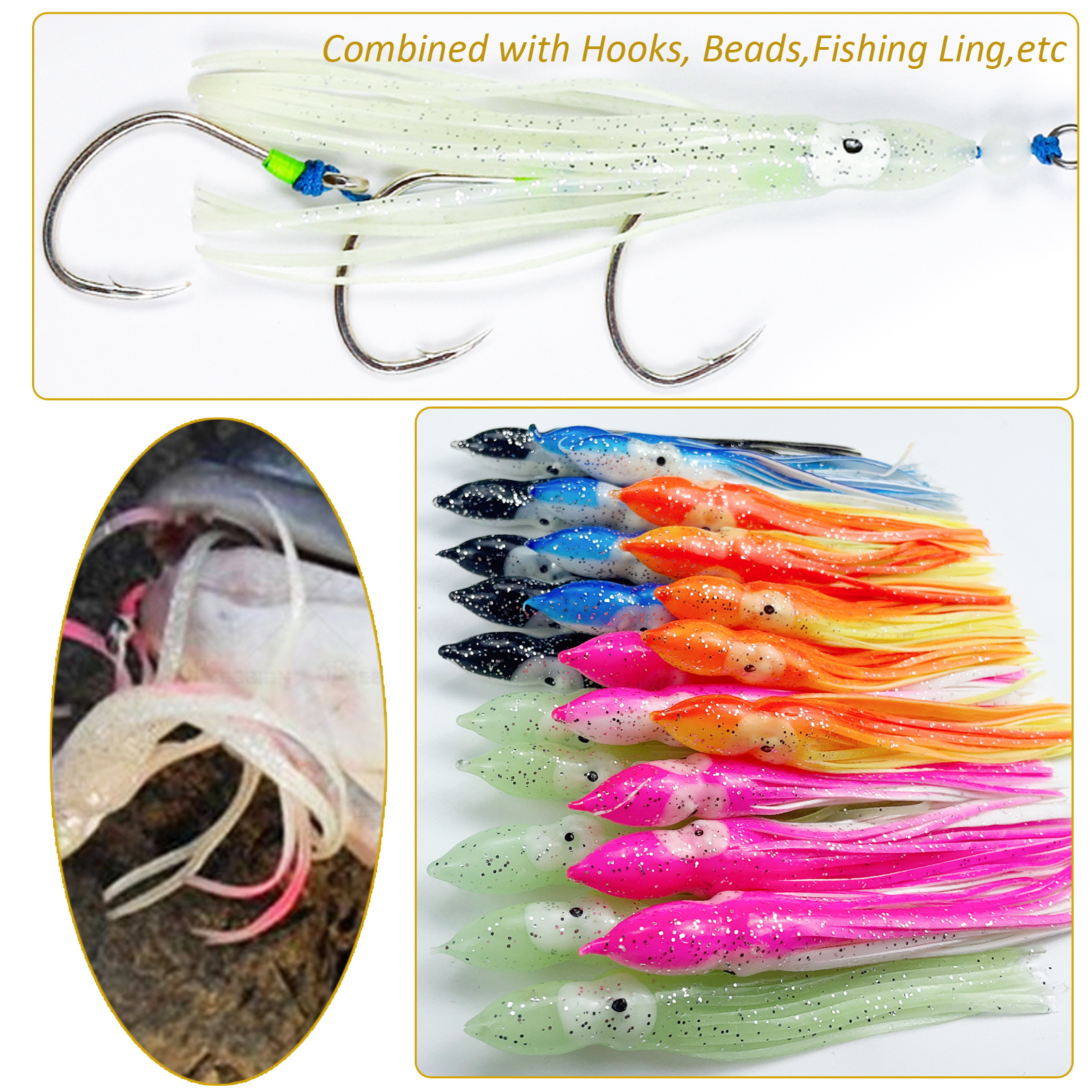 FREE FISHER 25pcs Fishing Octopus Lures with 8/0# Silver Hooks Soft Skirts Squid 15cm 12g Sea Fishing Luminous Artifical Baits