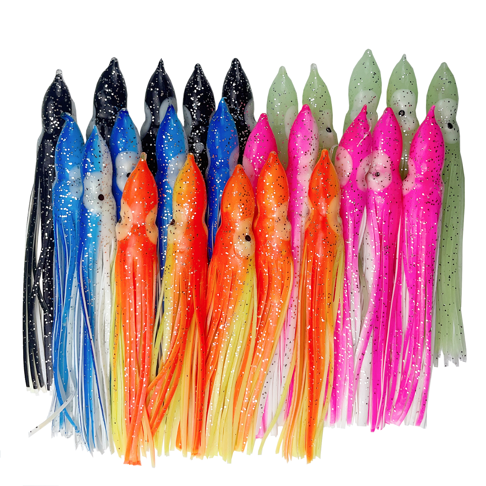 FREE FISHER 25pcs Fishing Octopus Lures with 8/0# Silver Hooks Soft Skirts Squid 15cm 12g Sea Fishing Luminous Artifical Baits