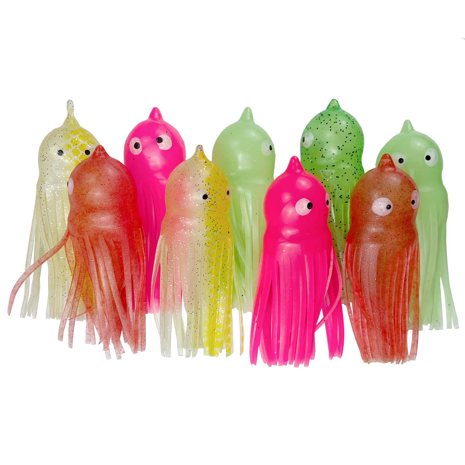 FREE FISHER 10pcs Soft Octopus Baits Fishing Lures with Soft Skirt 3D Eye Squid Tuna 9.5cm 8g Luminous Artificial Bait