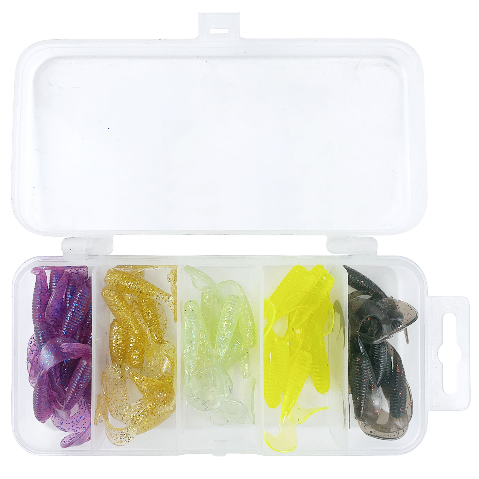 FREE FISHER 50pcs Soft Grub Worm Lures 4.5cm Rubber Fishing Maggot Baits Plastic Fishing Tackle Box Artificial Bass Wobblers with T-tail