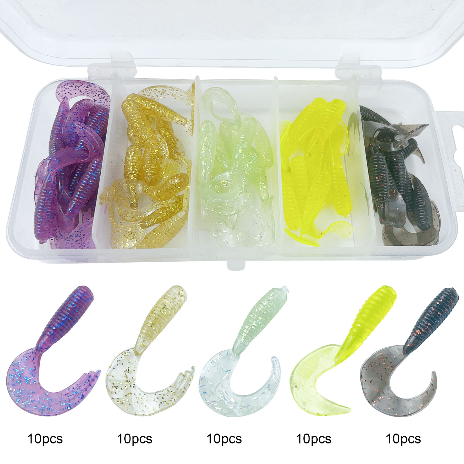 FREE FISHER 50pcs Soft Grub Worm Lures 4.5cm Rubber Fishing Maggot Baits Plastic Fishing Tackle Box Artificial Bass Wobblers with T-tail