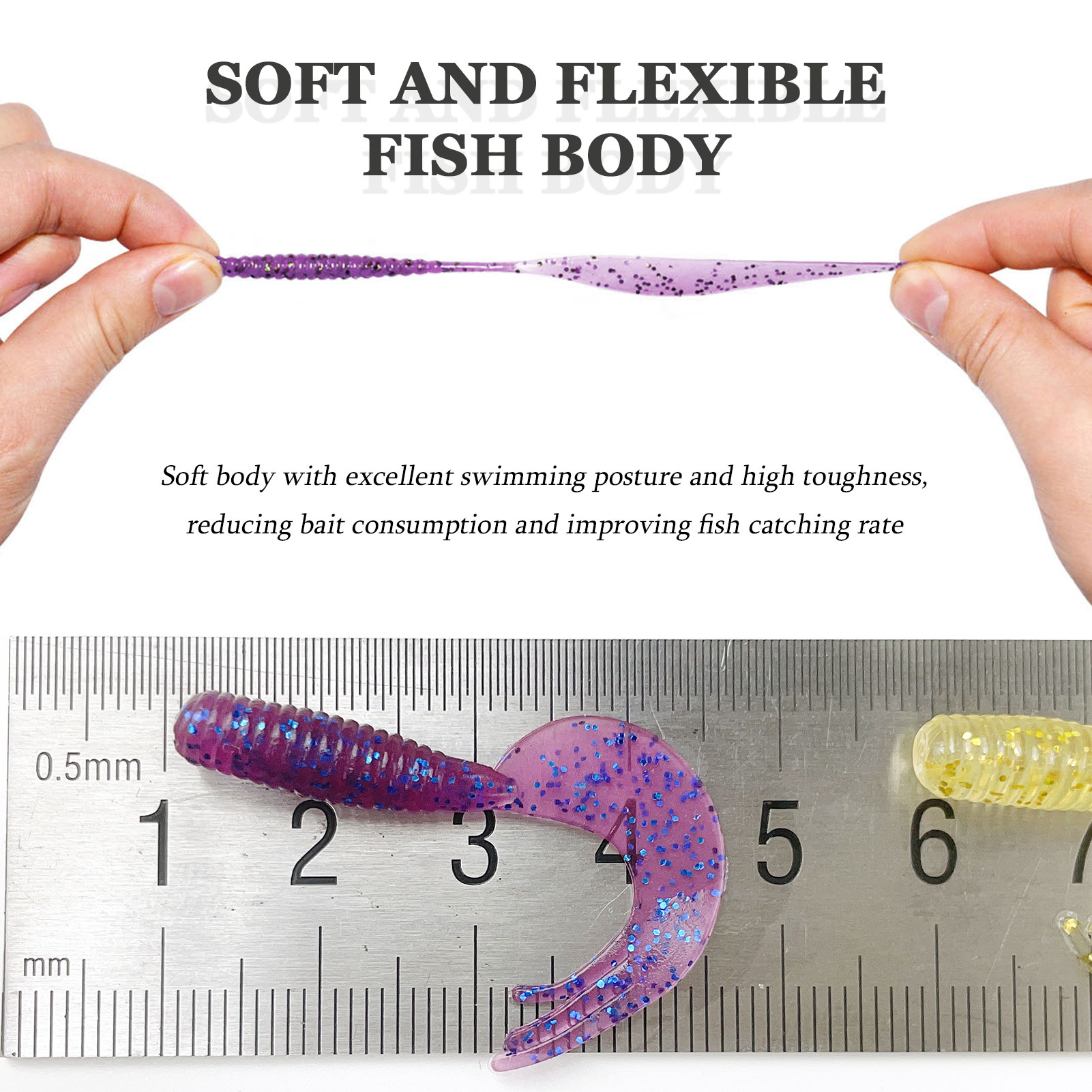 FREE FISHER 50pcs Soft Grub Worm Lures 4.5cm Rubber Fishing Maggot Baits Plastic Fishing Tackle Box Artificial Bass Wobblers with T-tail