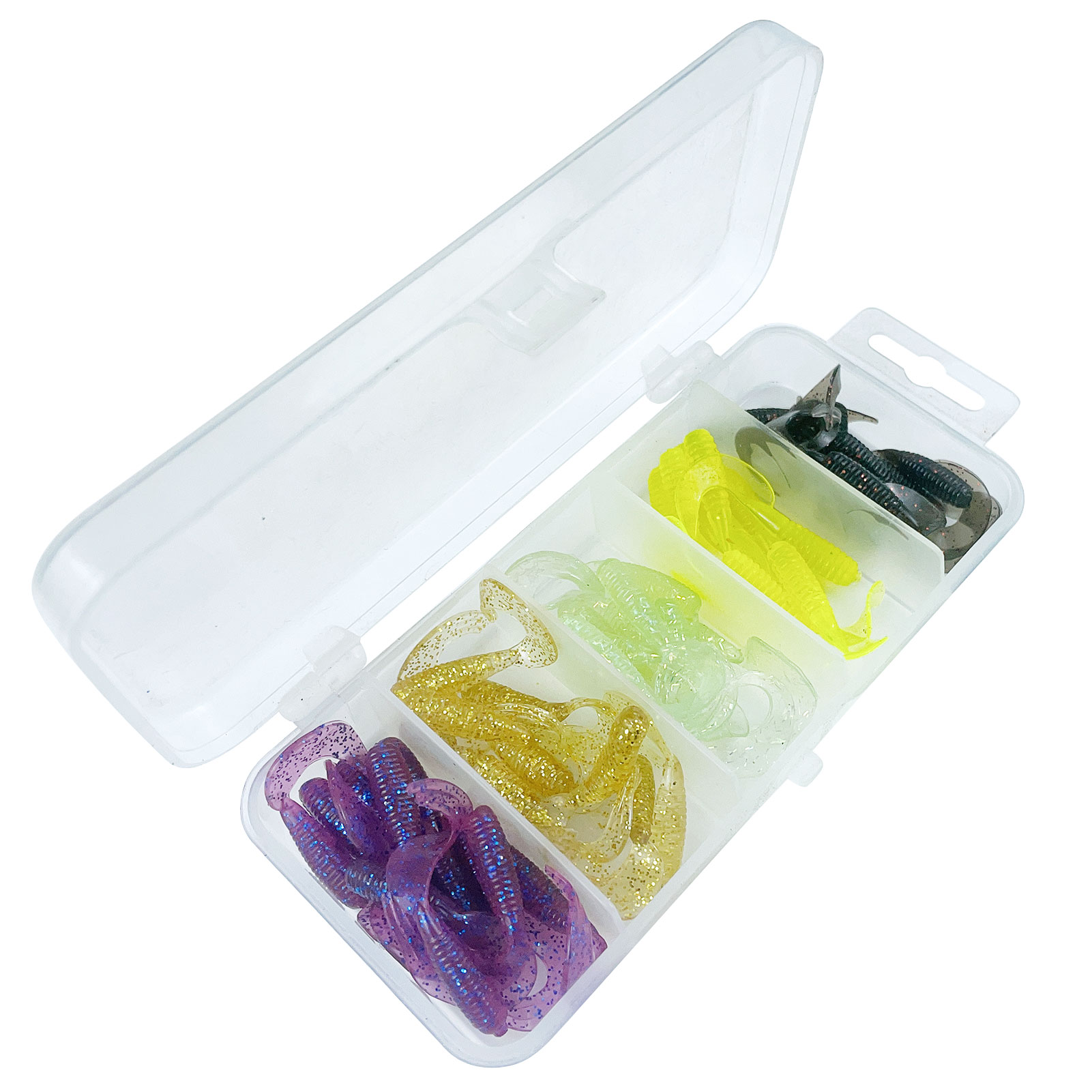 FREE FISHER 50pcs Soft Grub Worm Lures 4.5cm Rubber Fishing Maggot Baits Plastic Fishing Tackle Box Artificial Bass Wobblers with T-tail