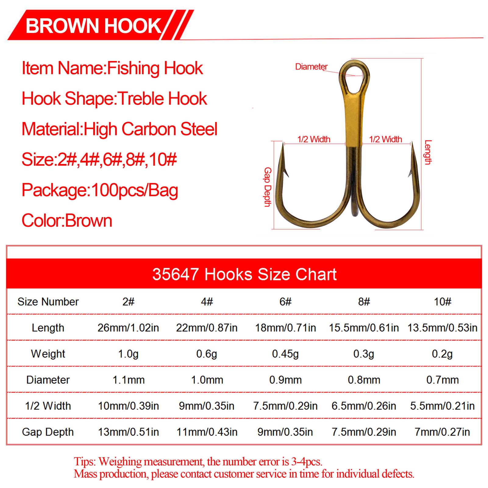 100pcs/Lot Fishing Treble Hooks High Carbon Steel Round Bent Sharp Treble Fishing Bass Fishing Hooks 2# 4# 6# 8# 10# Fishhooks