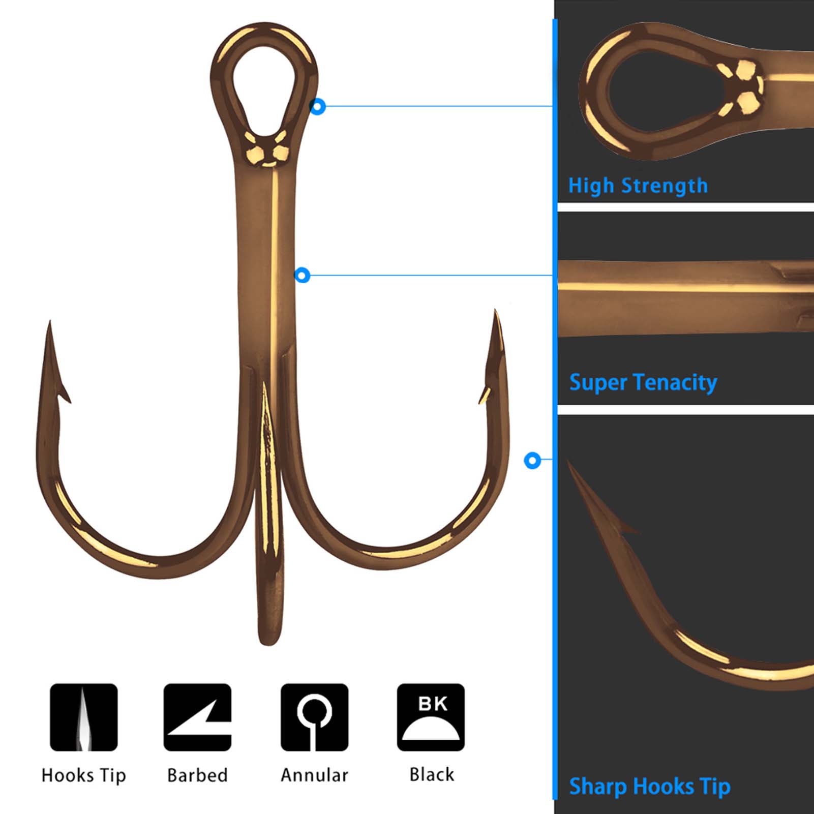 100pcs/Lot Fishing Treble Hooks High Carbon Steel Round Bent Sharp Treble Fishing Bass Fishing Hooks 2# 4# 6# 8# 10# Fishhooks