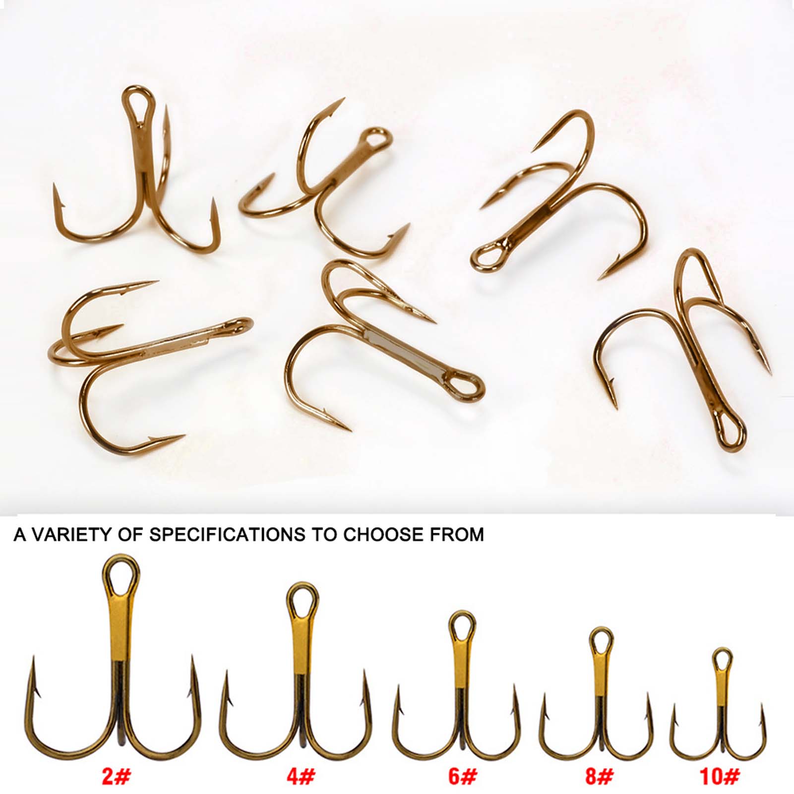 100pcs/Lot Fishing Treble Hooks High Carbon Steel Round Bent Sharp Treble Fishing Bass Fishing Hooks 2# 4# 6# 8# 10# Fishhooks