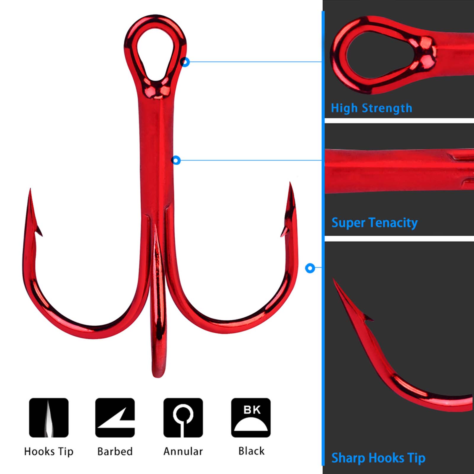 100pcs/Lot Fishing Treble Hooks High Carbon Steel Round Bent Sharp Treble Fishing Bass Fishing Hooks 2# 4# 6# 8# 10# Fishhooks