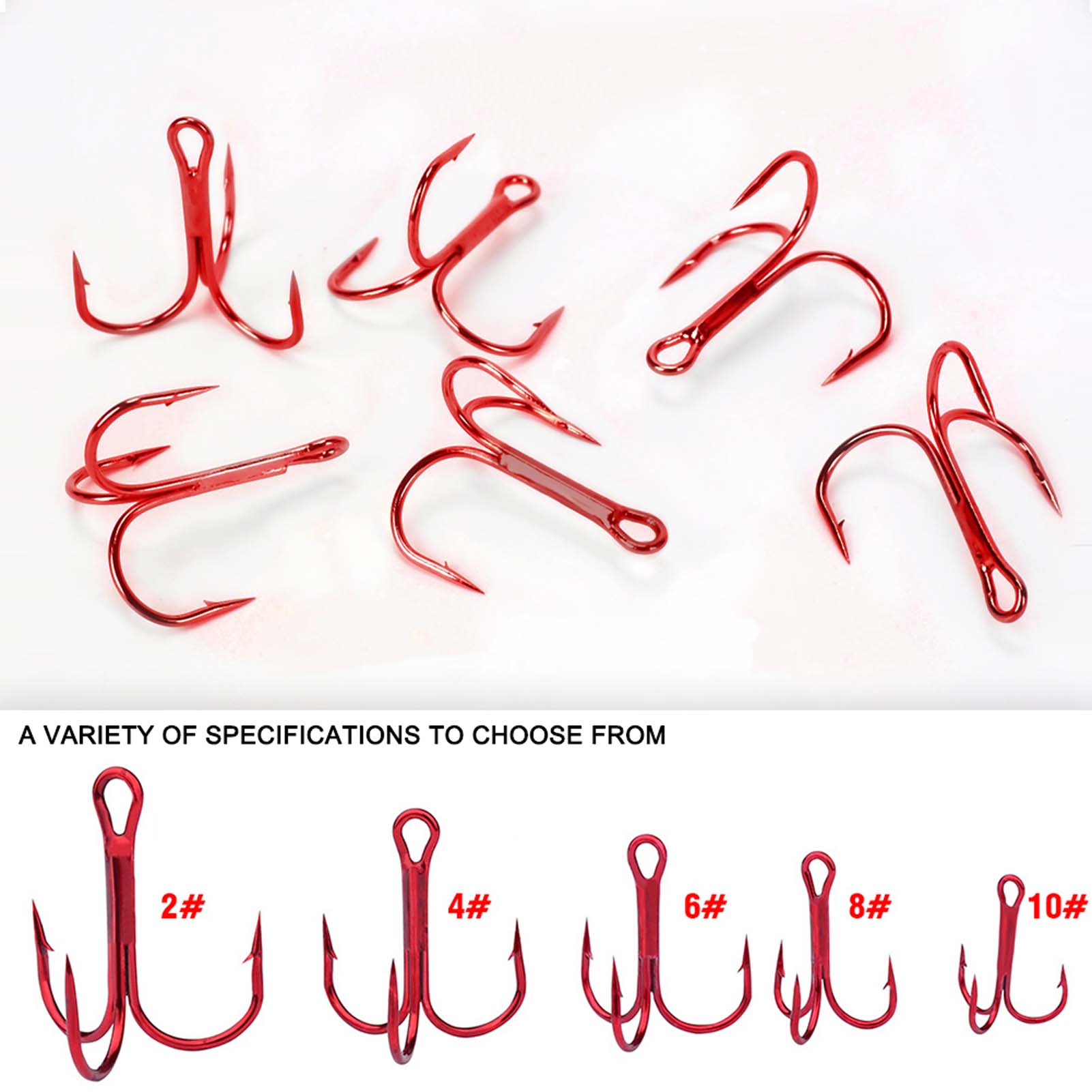100pcs/Lot Fishing Treble Hooks High Carbon Steel Round Bent Sharp Treble Fishing Bass Fishing Hooks 2# 4# 6# 8# 10# Fishhooks