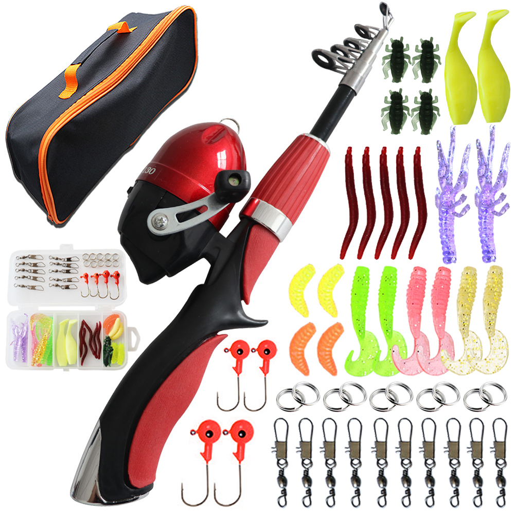 FREE FISHER 51pcs Portable Telescopic Fishing Rod Set with Fishing Case Baitcast Reel Fishing Beginners Rod Combo Soft Lures Swivels Worms Kit