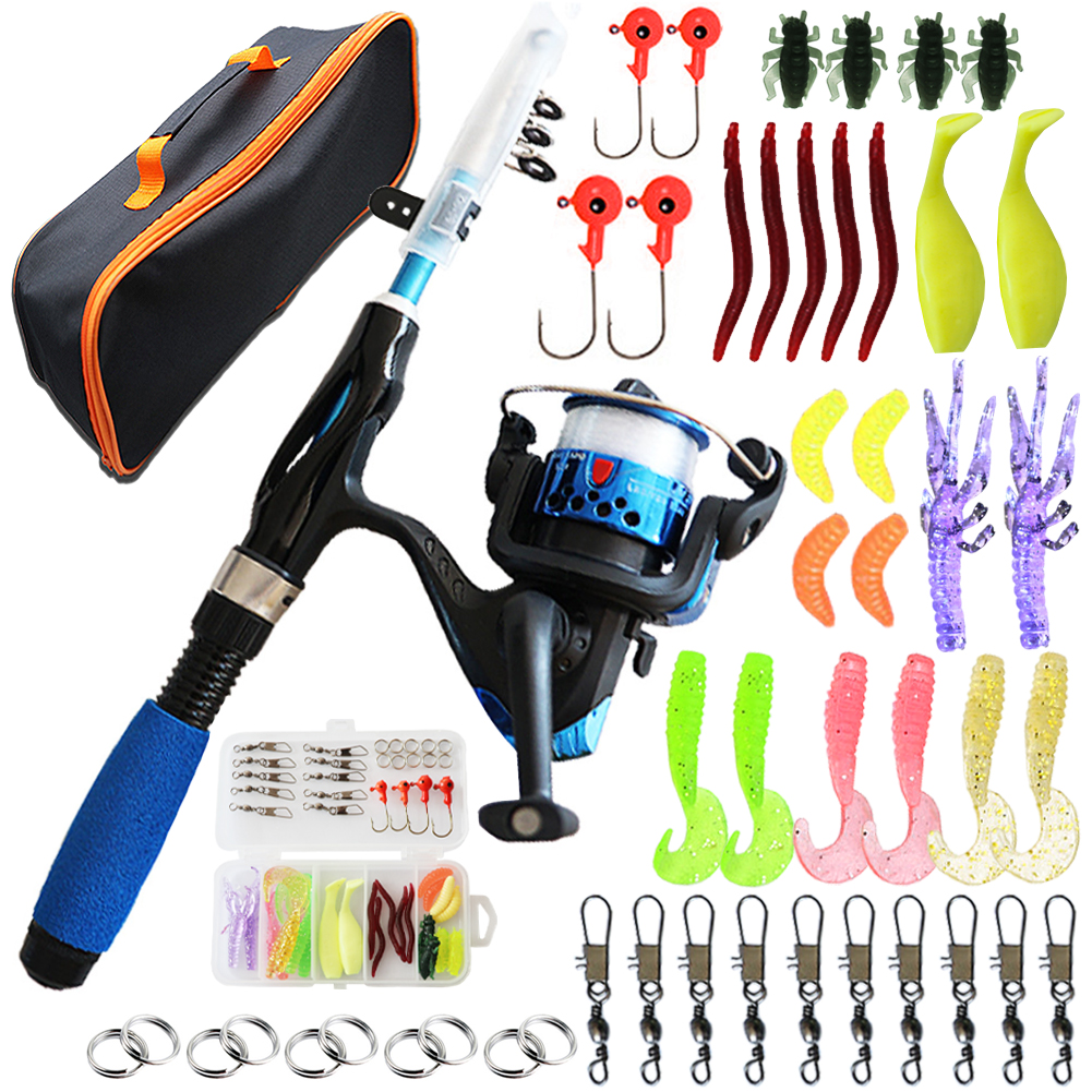 FREE FISHER Children 51pcs 1.1m Telescopic Fishing Rod Set with Handbag 5 Section Portable Lure Rod Fishing Reel Lure Bait Kids Fishing Kits