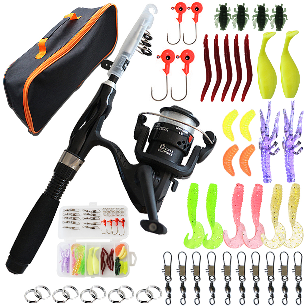 FREE FISHER Children 51pcs 1.1m Telescopic Fishing Rod Set with Handbag 5 Section Portable Lure Rod Fishing Reel Lure Bait Kids Fishing Kits