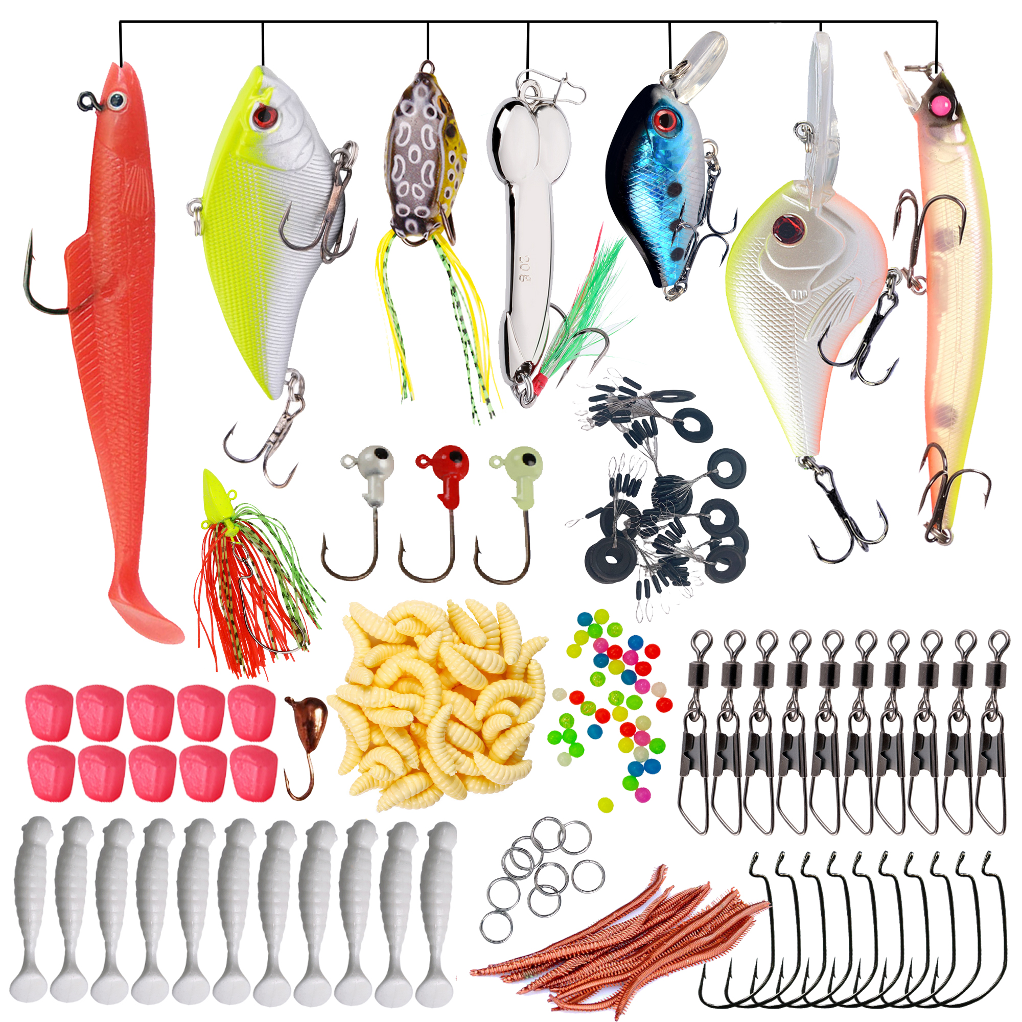 FREE FISHER 100pcs Fishing Lures Set Lead Head Soft Baits Minnow Crankbaits Spinner Fishhook Swivels Beads Frogs Fishing Jigs Swimbaits Kit