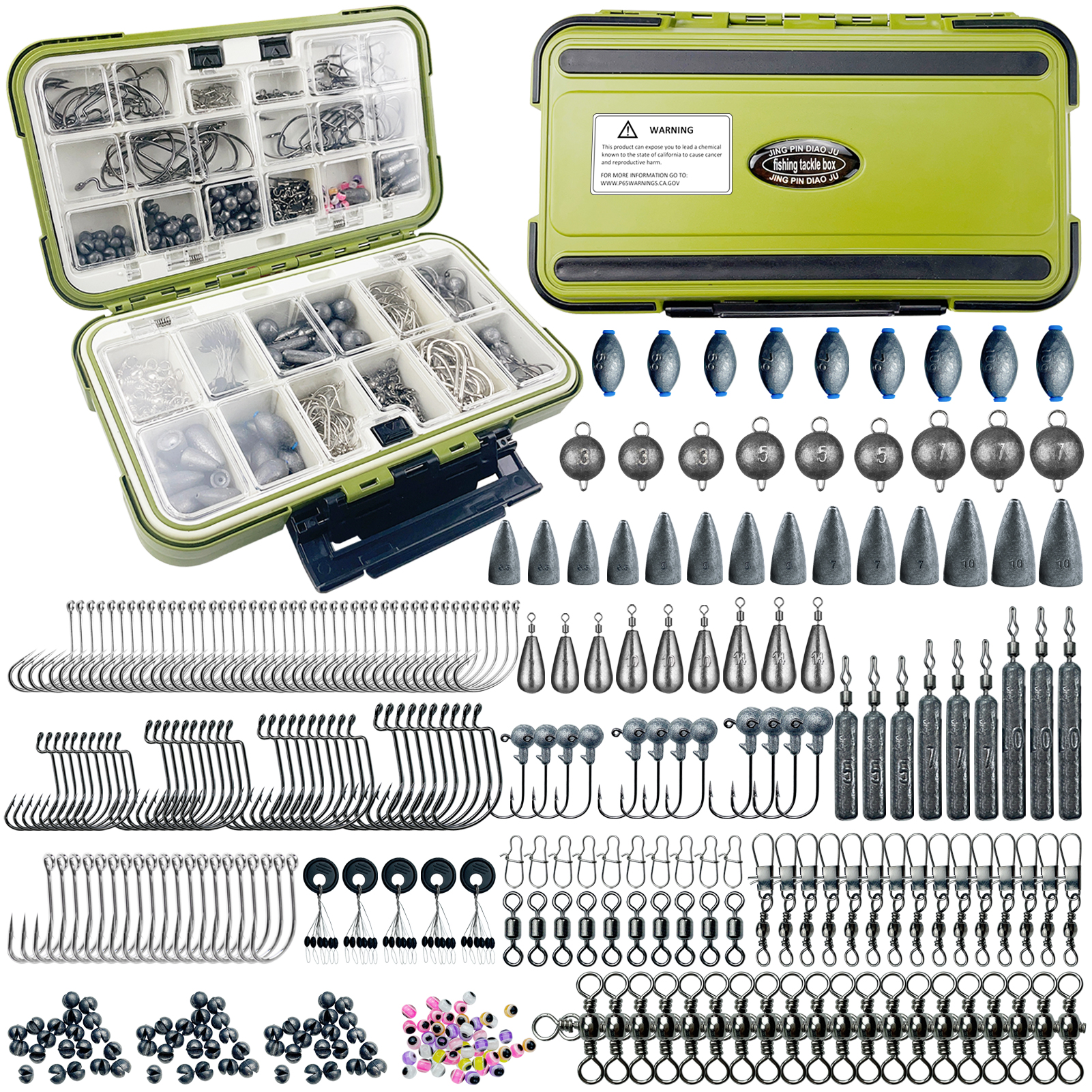 FREE FISHER 308pcs Fishing Weights Set Mixed Lead Sinkers Crank Jig Hooks Bait Lure Acceccories Swivels Snaps Beads with Multigrid Box for Freshwater/Saltwater
