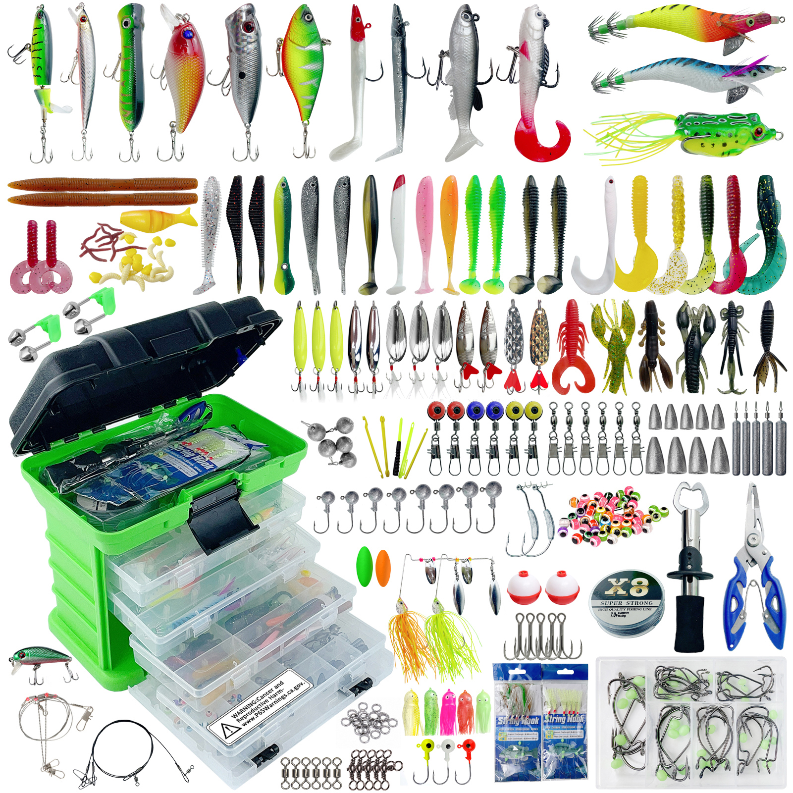 FREE FISHER 346pcs Large Fishing Tackle Box Multifunctional Portable 4-Layer Fishing Lures Storage Case with Baits Line Hooks Beads Sinkers Swivels