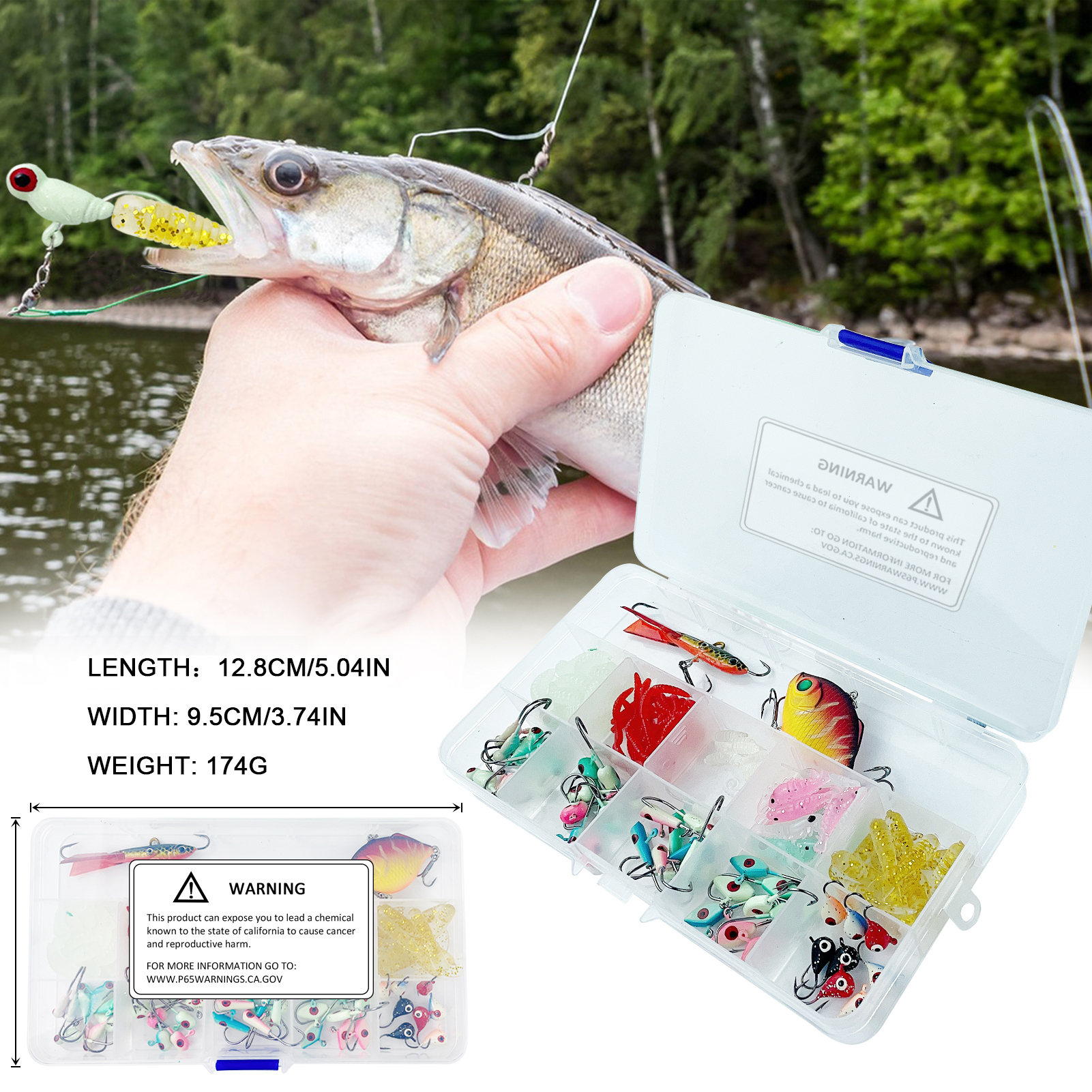 FREE FISHER 113pcs Ice Fishing Hooks Kit Sharp Jig Hooks VIB Soft Baits Luminous Shrimp Bug Lures Panfish Crappie Jigs Fishing Tackle Box