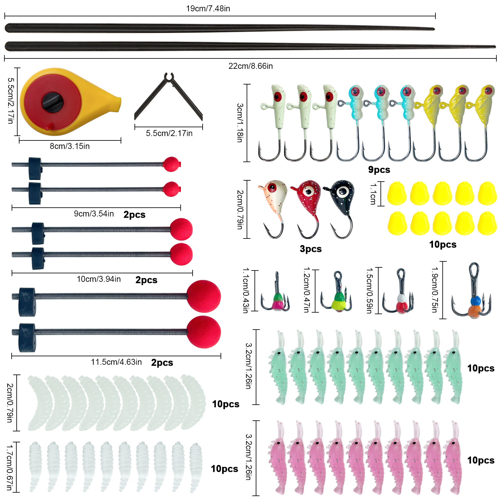 FREE FISHER 104pcs Ice Fishing Kit Treble Jigs Crank Hooks Luminous Soft Shrimp Swimbaits Panfish Mini Ice Fishing Rod Accessories with Box