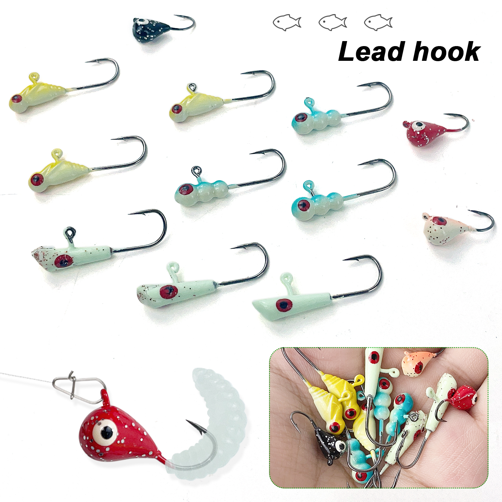 FREE FISHER 104pcs Ice Fishing Kit Treble Jigs Crank Hooks Luminous Soft Shrimp Swimbaits Panfish Mini Ice Fishing Rod Accessories with Box