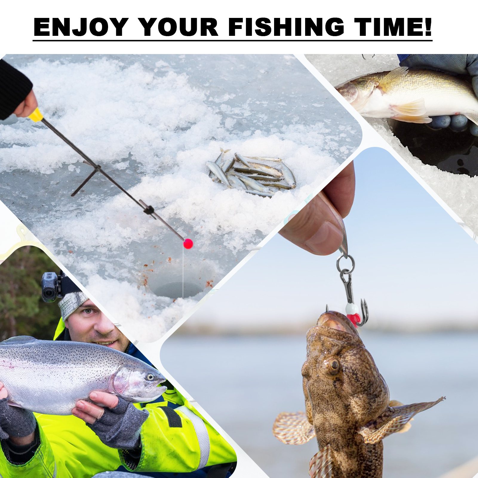 FREE FISHER 104pcs Ice Fishing Kit Treble Jigs Crank Hooks Luminous Soft Shrimp Swimbaits Panfish Mini Ice Fishing Rod Accessories with Box