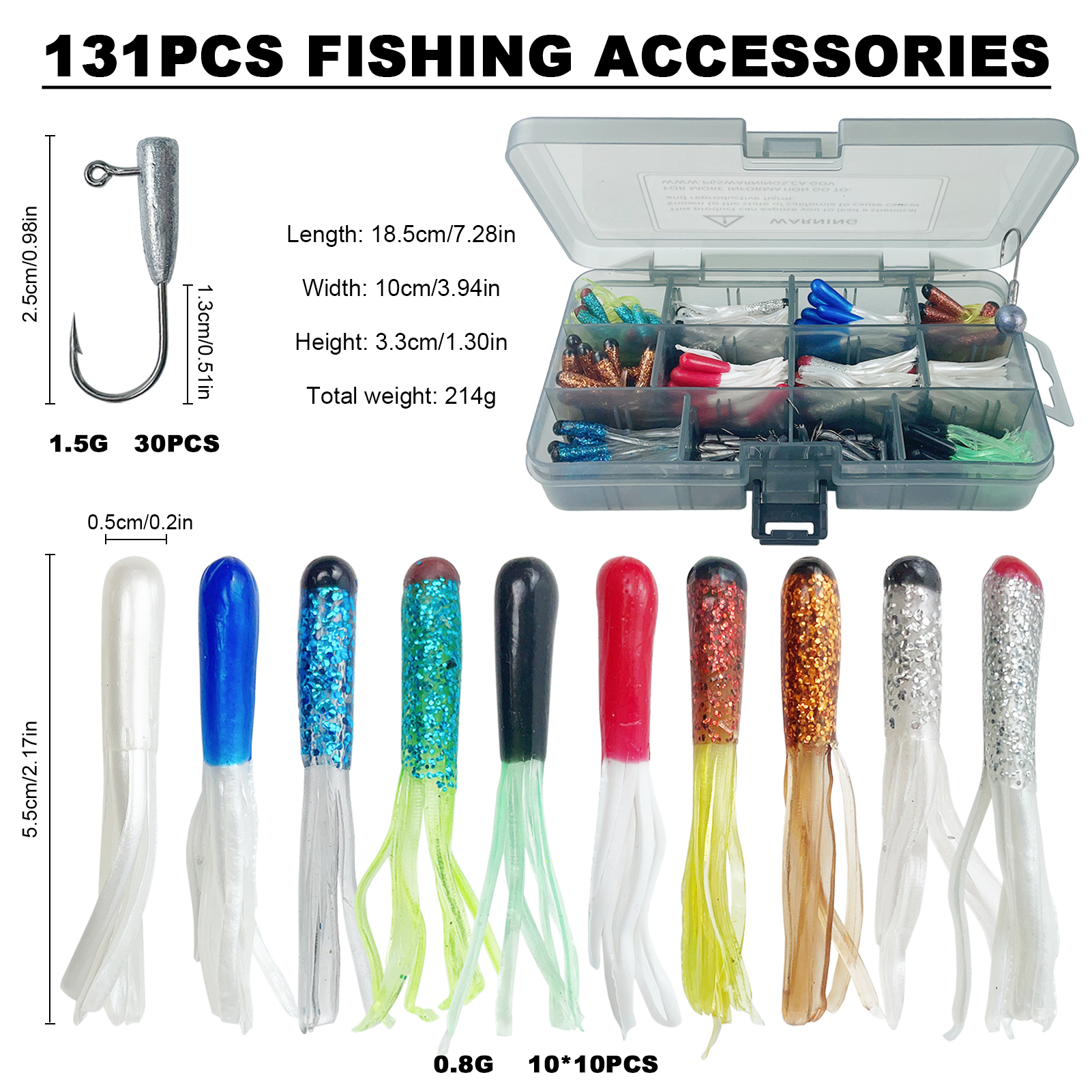 FREE FISHER 131pcs Fishing Baits Kit Soft Tube Lures 1.5g Jigs Pre-Rigged Fishing Hollow 5.5cm 0.8g Octopus Jig Hooks Head Grub Swimbaits