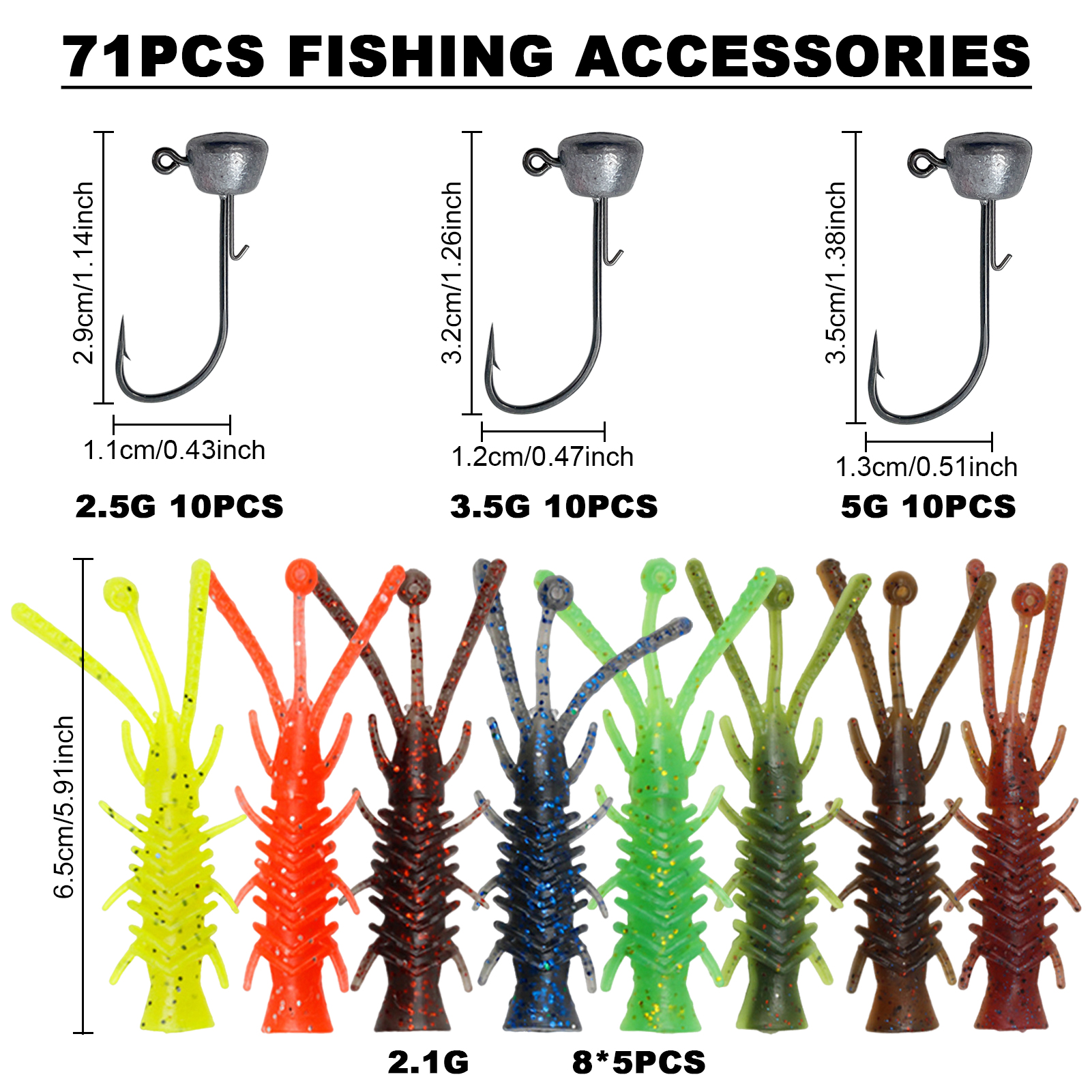FREE FISHER Fishing Lead Head Jig Hooks with Soft Lures 6.5cm 2g NEID FLOATING SHRIMPS Swimbaits Fishing Jigs 2.5-5g Walleye Shad Baits for Bass(Pack of 71)