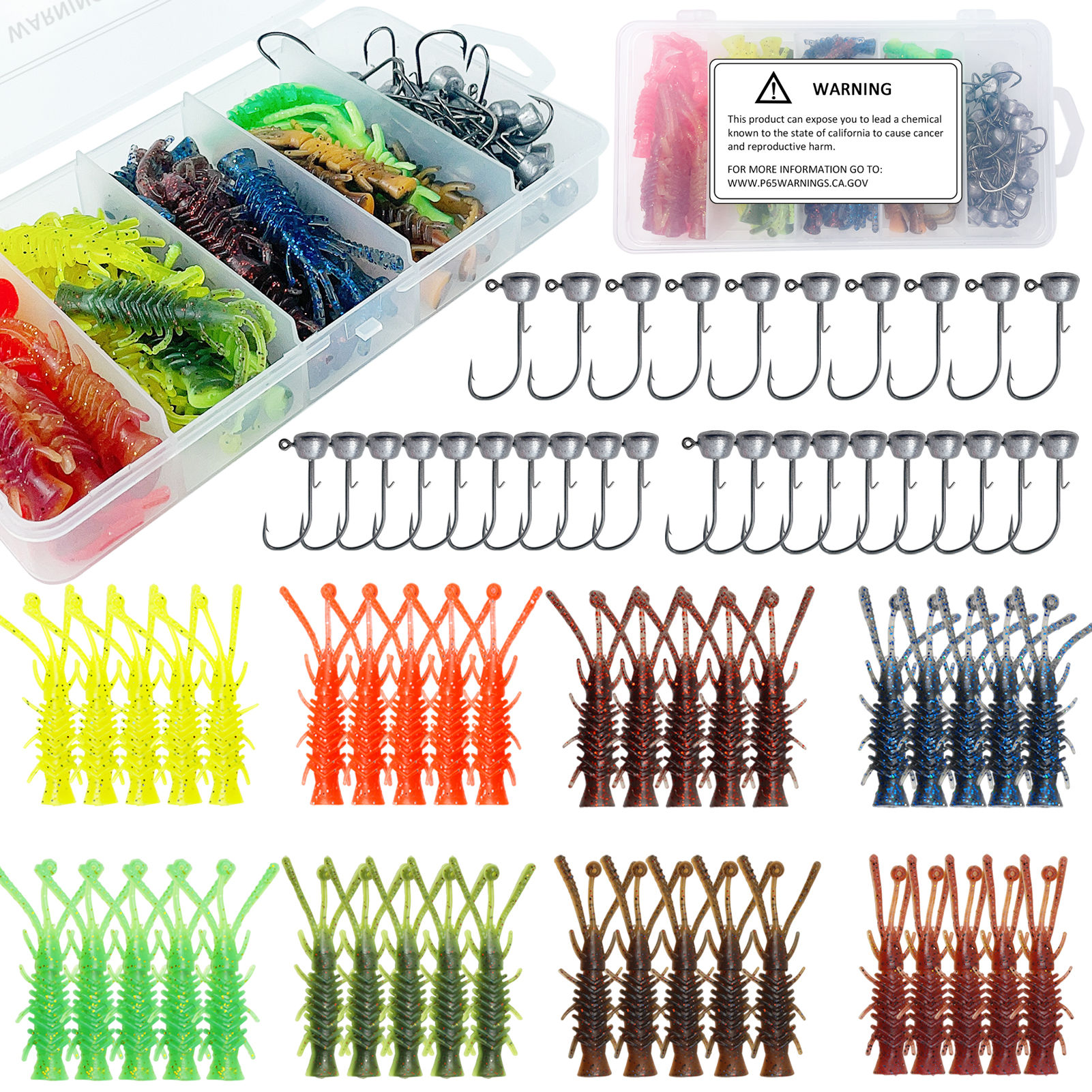 FREE FISHER Fishing Lead Head Jig Hooks with Soft Lures 6.5cm 2g NEID FLOATING SHRIMPS Swimbaits Fishing Jigs 2.5-5g Walleye Shad Baits for Bass(Pack of 71)