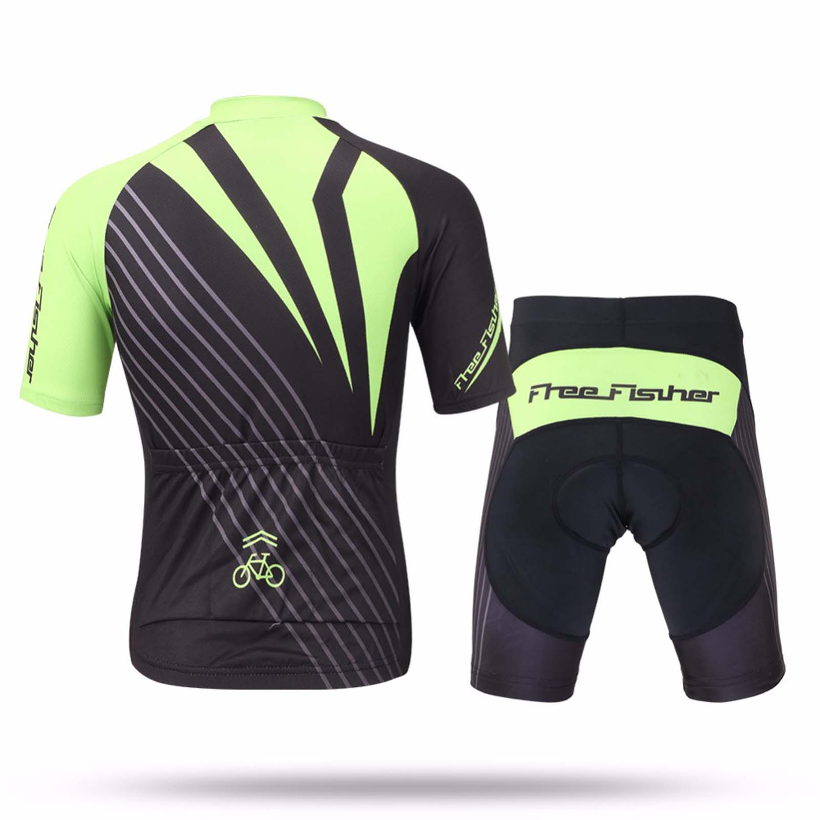 FREE FISHER Short Sleeve Boys Cycling Jersey Full Zipper Quick-Dry Breathable Mesh Bicycle Tops and Padded Shorts Racing Black Green