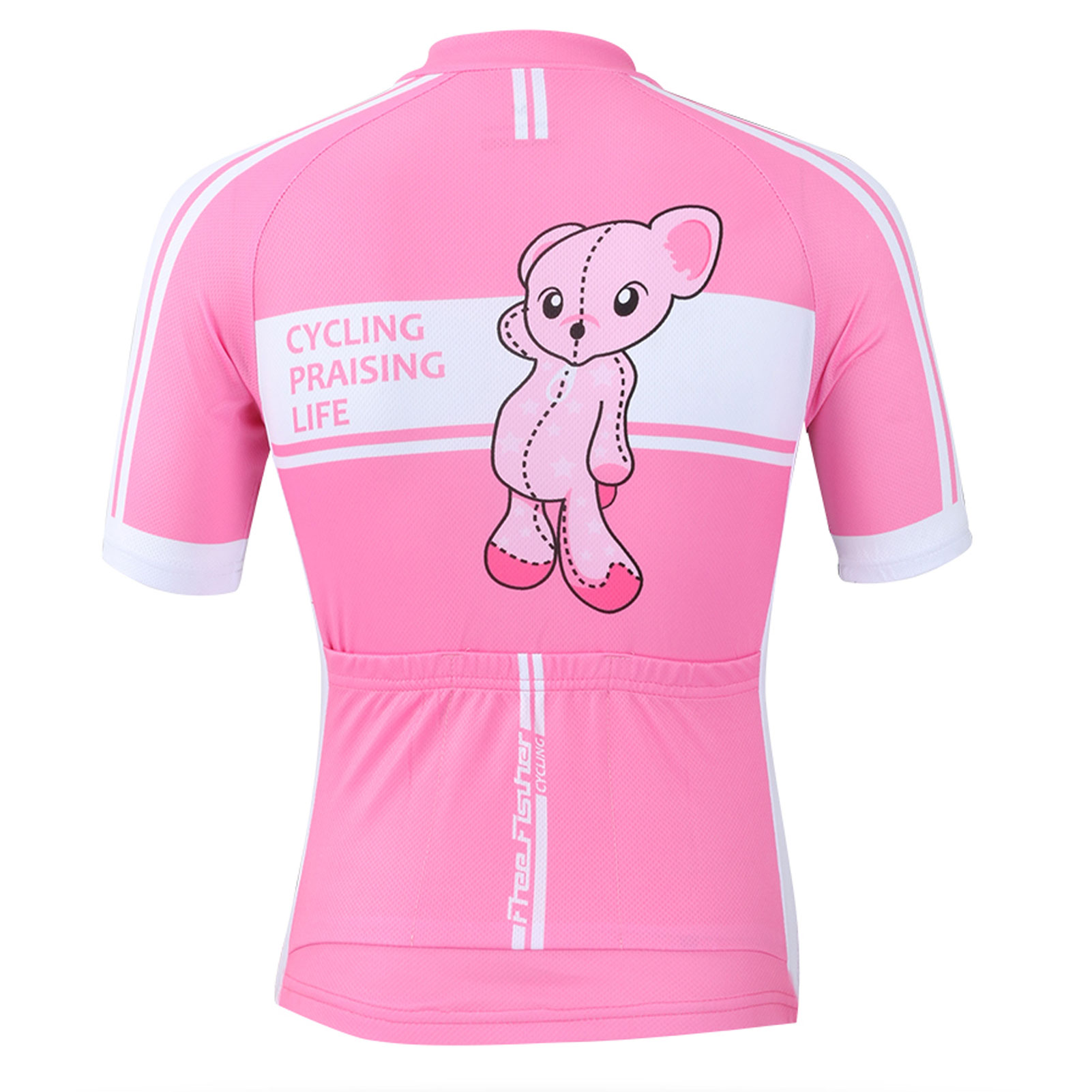 FREE FISHER Girls Short Sleeve Cycling Jersey Full Zipper Quick-Dry Breathable Mesh Bicycle Tops and Padded Shorts Pink Bear