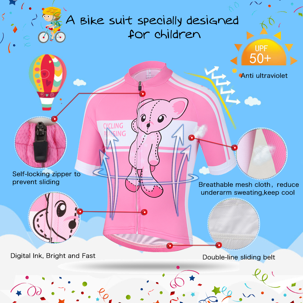 FREE FISHER Girls Short Sleeve Cycling Jersey Full Zipper Quick-Dry Breathable Mesh Bicycle Tops and Padded Shorts Pink Bear