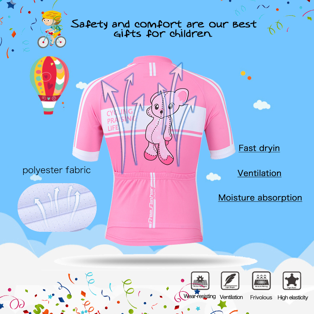 FREE FISHER Girls Short Sleeve Cycling Jersey Full Zipper Quick-Dry Breathable Mesh Bicycle Tops and Padded Shorts Pink Bear
