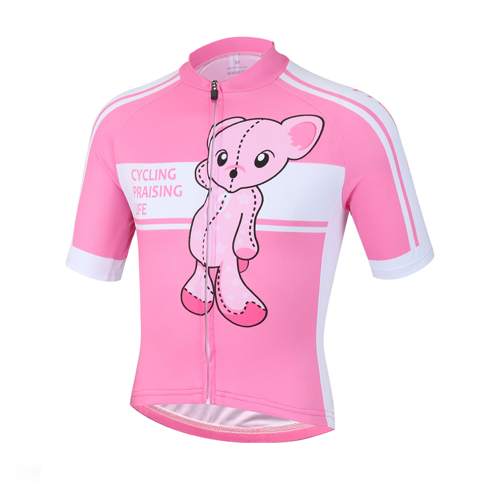 FREE FISHER Girls Short Sleeve Cycling Jersey Full Zipper Quick-Dry Breathable Mesh Bicycle Tops and Padded Shorts Pink Bear