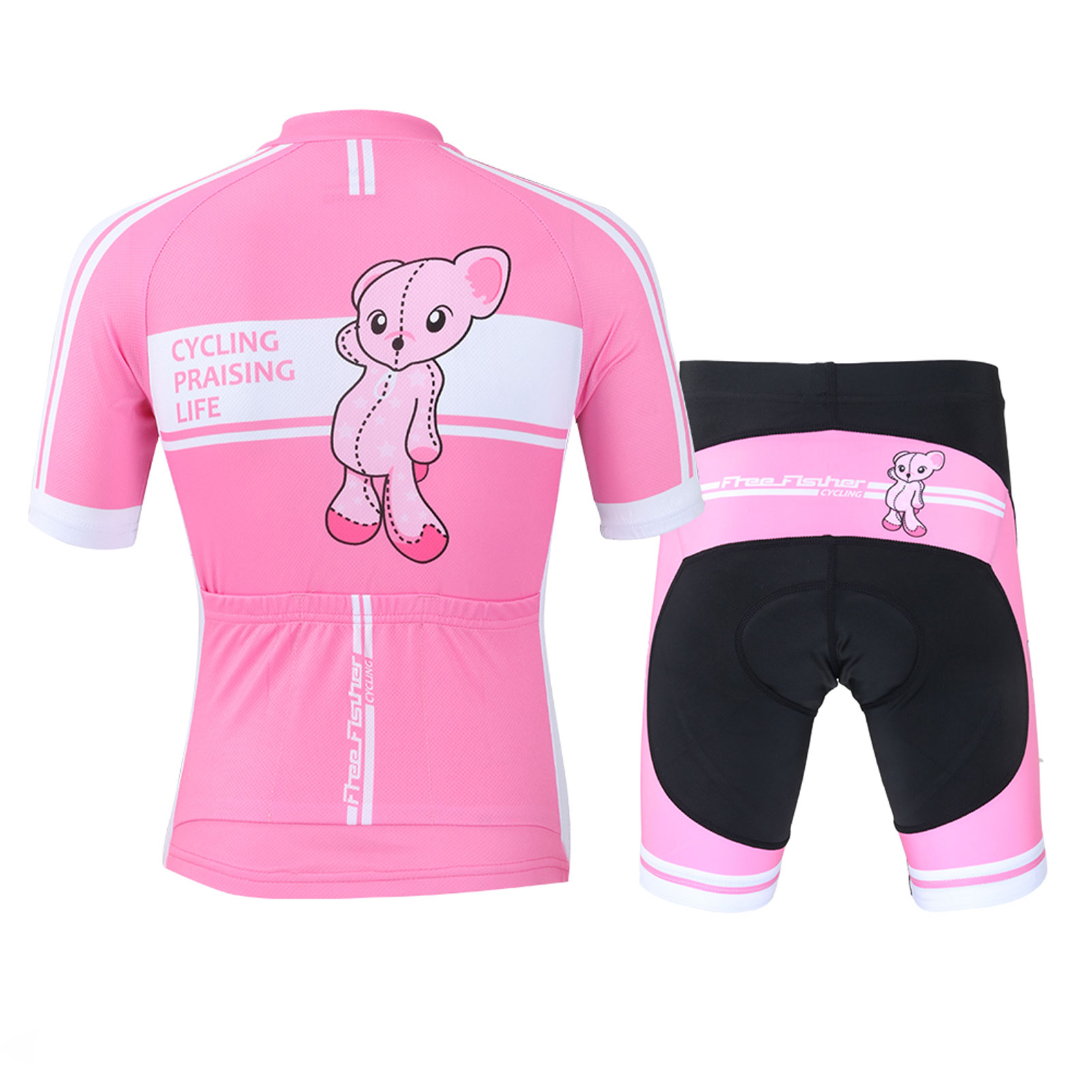 FREE FISHER Girls Short Sleeve Cycling Jersey Full Zipper Quick-Dry Breathable Mesh Bicycle Tops and Padded Shorts Pink Bear