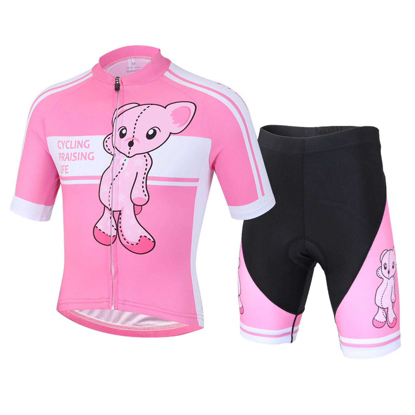FREE FISHER Girls Short Sleeve Cycling Jersey Full Zipper Quick-Dry Breathable Mesh Bicycle Tops and Padded Shorts Pink Bear