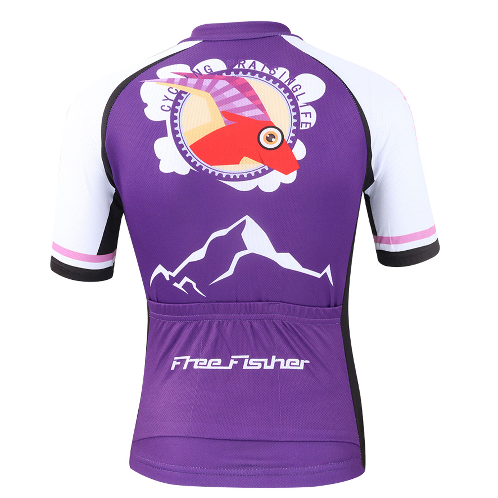 FREE FISHER Girls Cycling Jersey Short Sleeve Full Zipper Quick-Dry Breathable Mesh Boys Bicycle Tops+Padded Shorts Purple Antelope