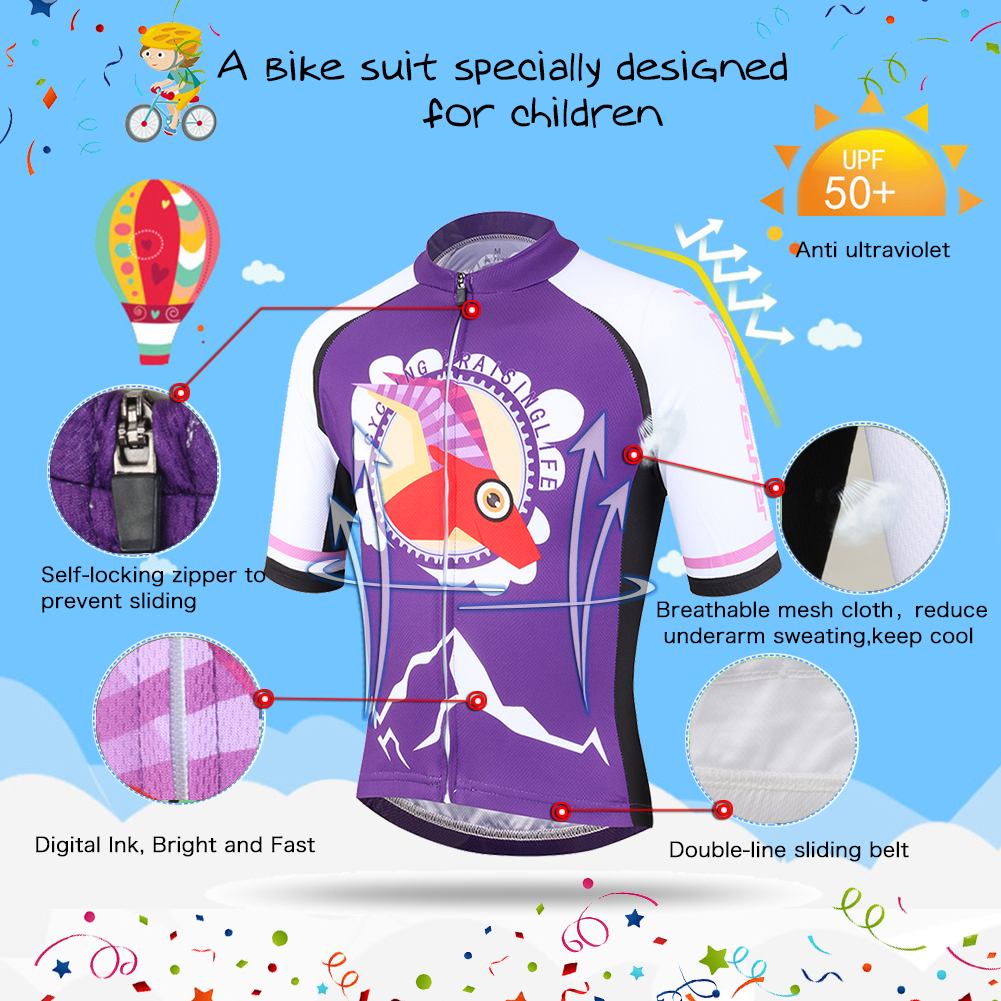 FREE FISHER Girls Cycling Jersey Short Sleeve Full Zipper Quick-Dry Breathable Mesh Boys Bicycle Tops+Padded Shorts Purple Antelope