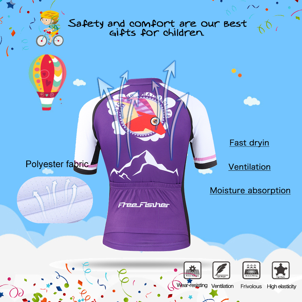 FREE FISHER Girls Cycling Jersey Short Sleeve Full Zipper Quick-Dry Breathable Mesh Boys Bicycle Tops+Padded Shorts Purple Antelope