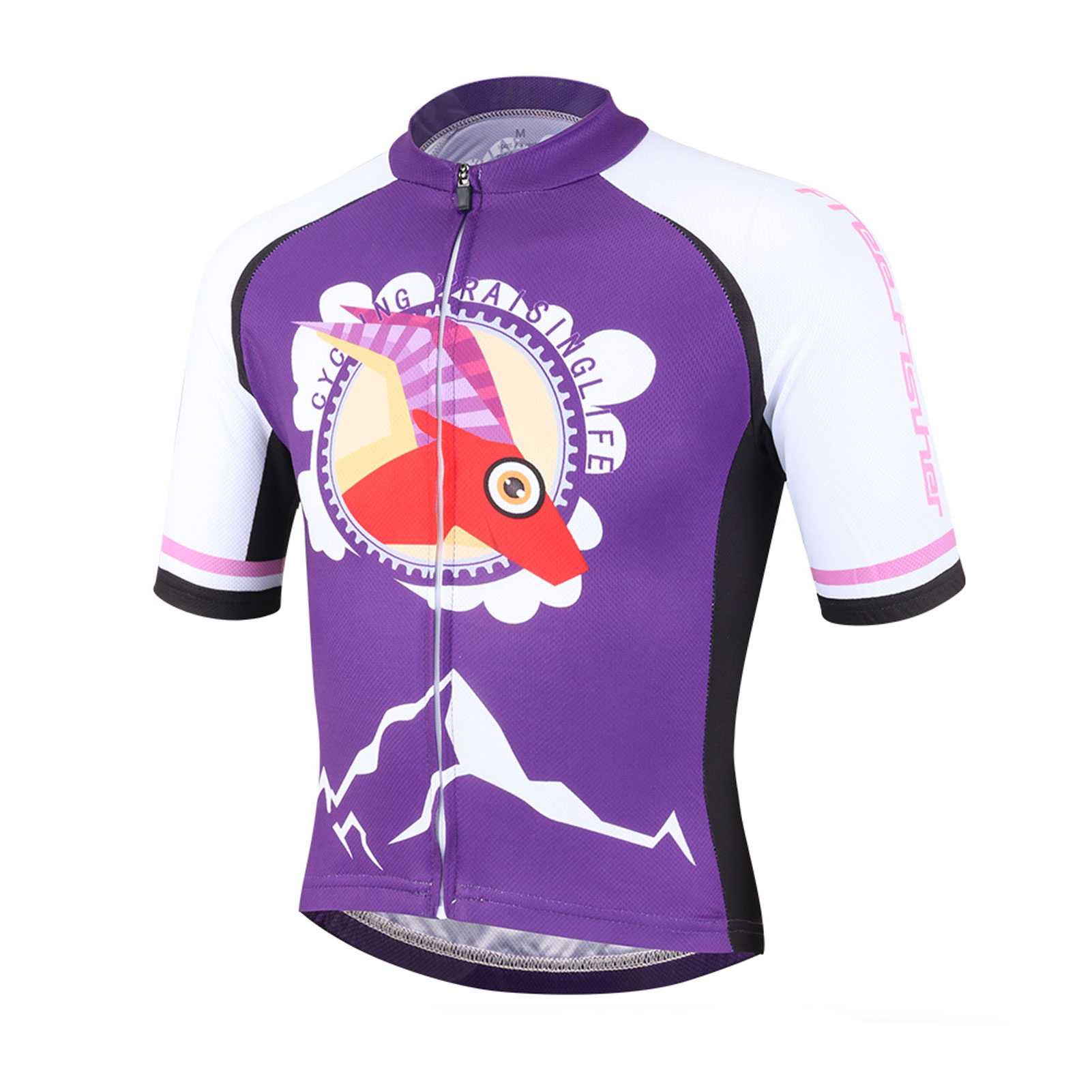 FREE FISHER Girls Cycling Jersey Short Sleeve Full Zipper Quick-Dry Breathable Mesh Boys Bicycle Tops+Padded Shorts Purple Antelope