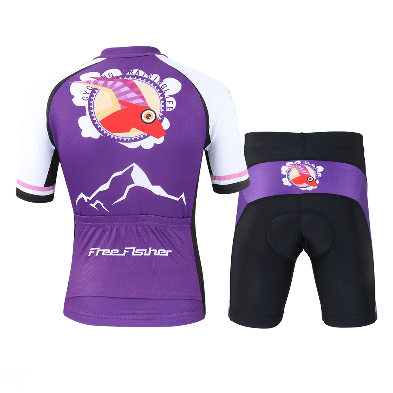 FREE FISHER Girls Cycling Jersey Short Sleeve Full Zipper Quick-Dry Breathable Mesh Boys Bicycle Tops+Padded Shorts Purple Antelope