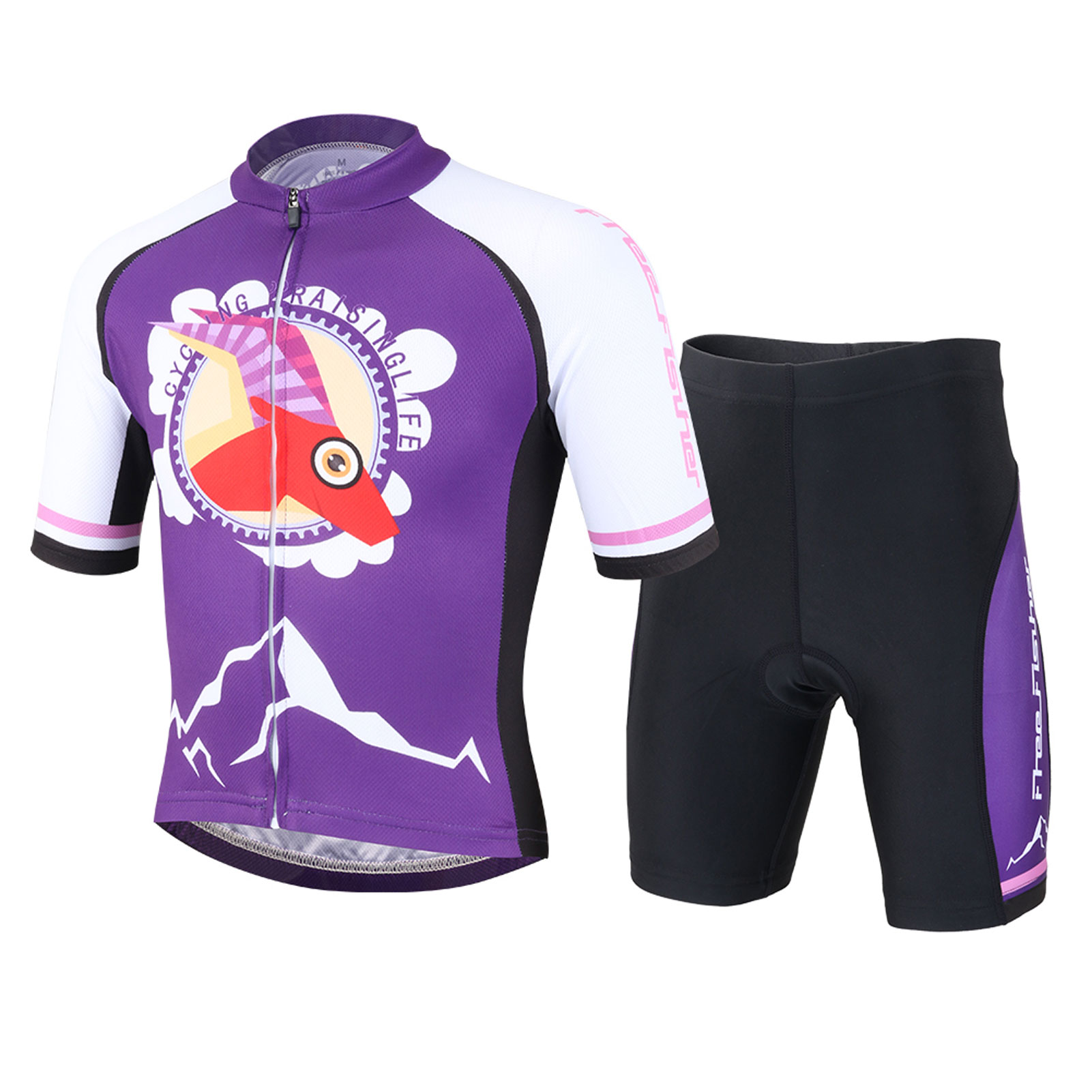 FREE FISHER Girls Cycling Jersey Short Sleeve Full Zipper Quick-Dry Breathable Mesh Boys Bicycle Tops+Padded Shorts Purple Antelope