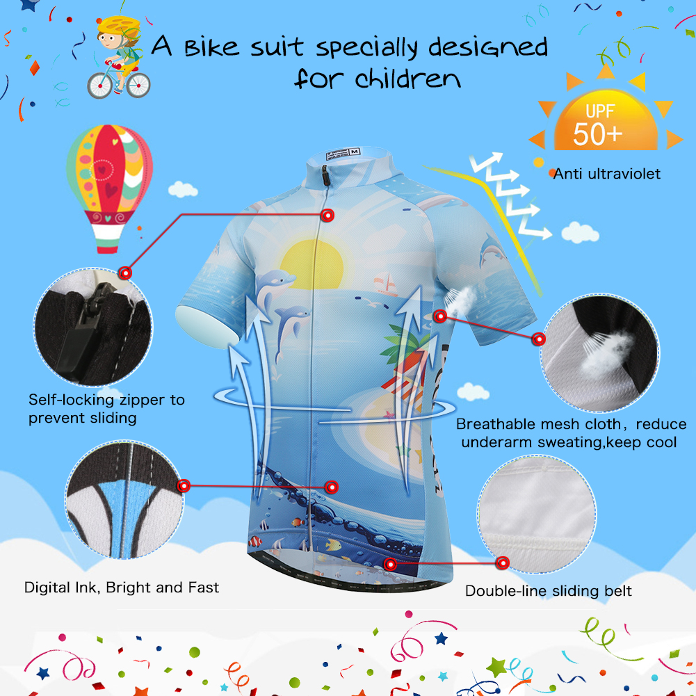 FREE FISHER Cycling Jersey Short Sleeve Boys Girls Full Zipper Quick-Dry Breathable Mesh Kids Bicycle Tops+Padded Shorts Sun Dolphin
