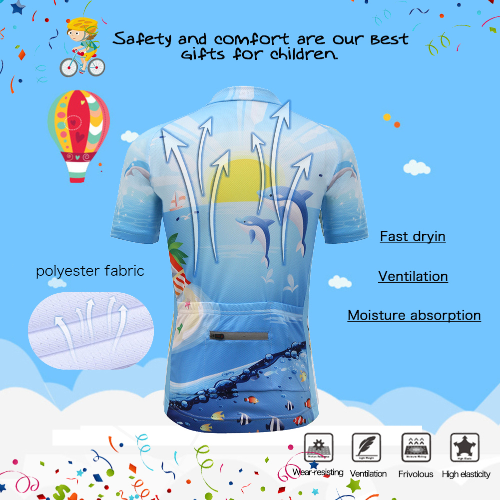 FREE FISHER Cycling Jersey Short Sleeve Boys Girls Full Zipper Quick-Dry Breathable Mesh Kids Bicycle Tops+Padded Shorts Sun Dolphin