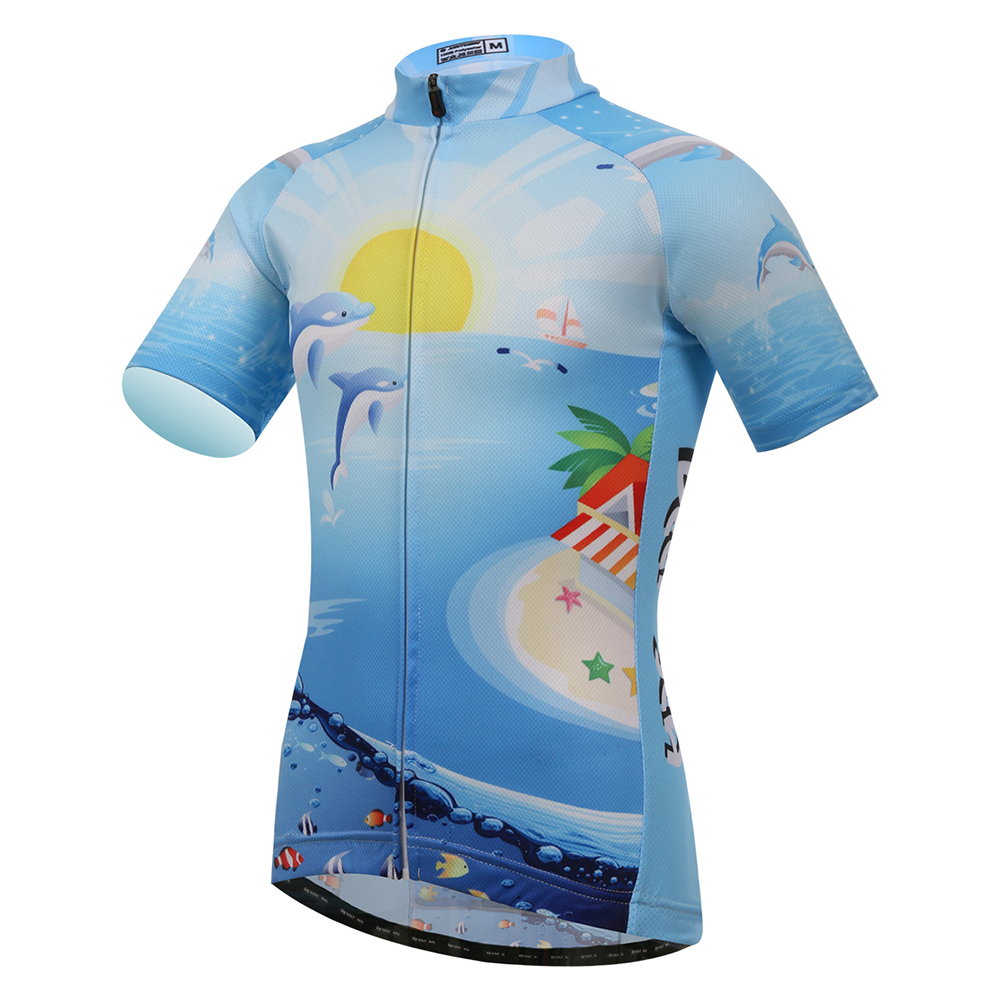 FREE FISHER Cycling Jersey Short Sleeve Boys Girls Full Zipper Quick-Dry Breathable Mesh Kids Bicycle Tops+Padded Shorts Sun Dolphin